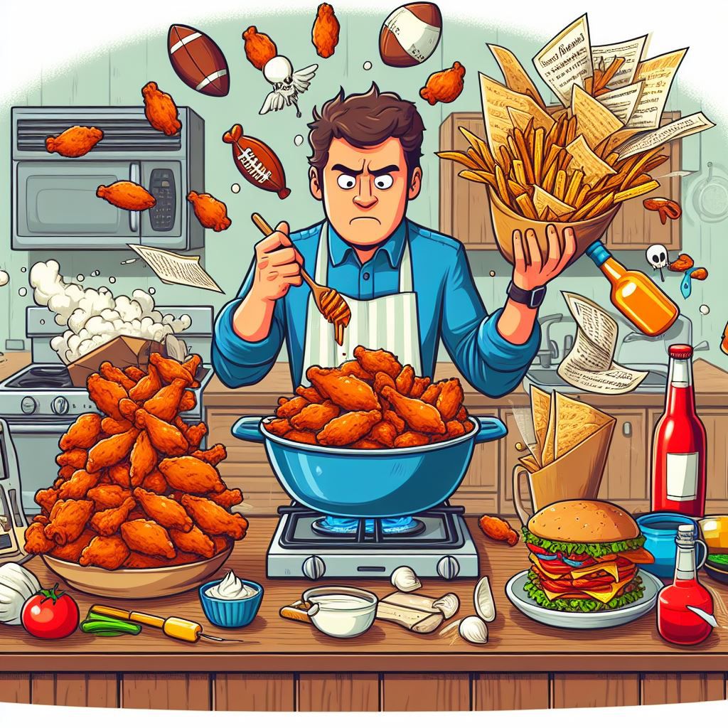 AI generated image of a man overwhelmed cooking chicken wings in the kitchen
