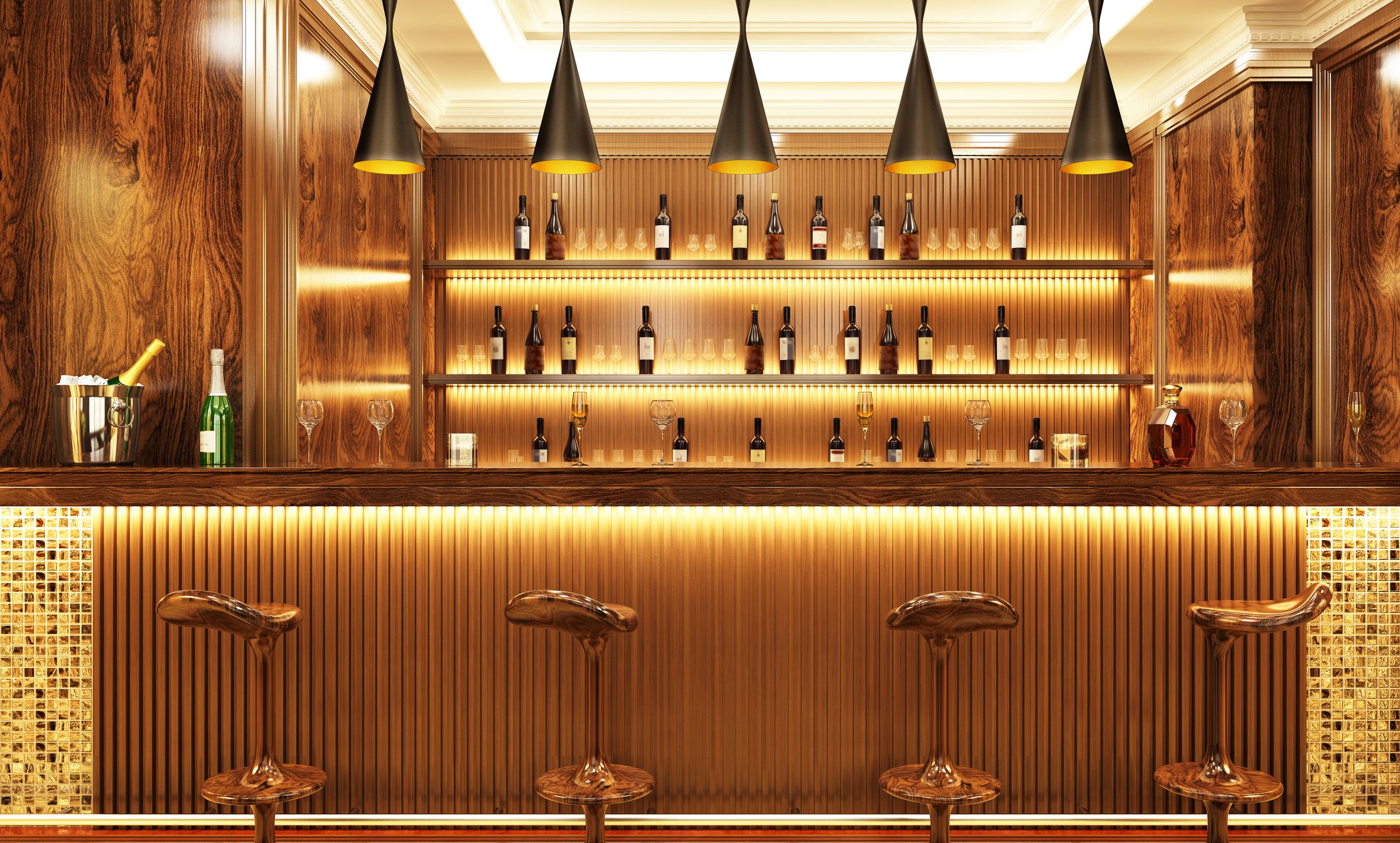 Luxury modern bar with drinks and bar stools
