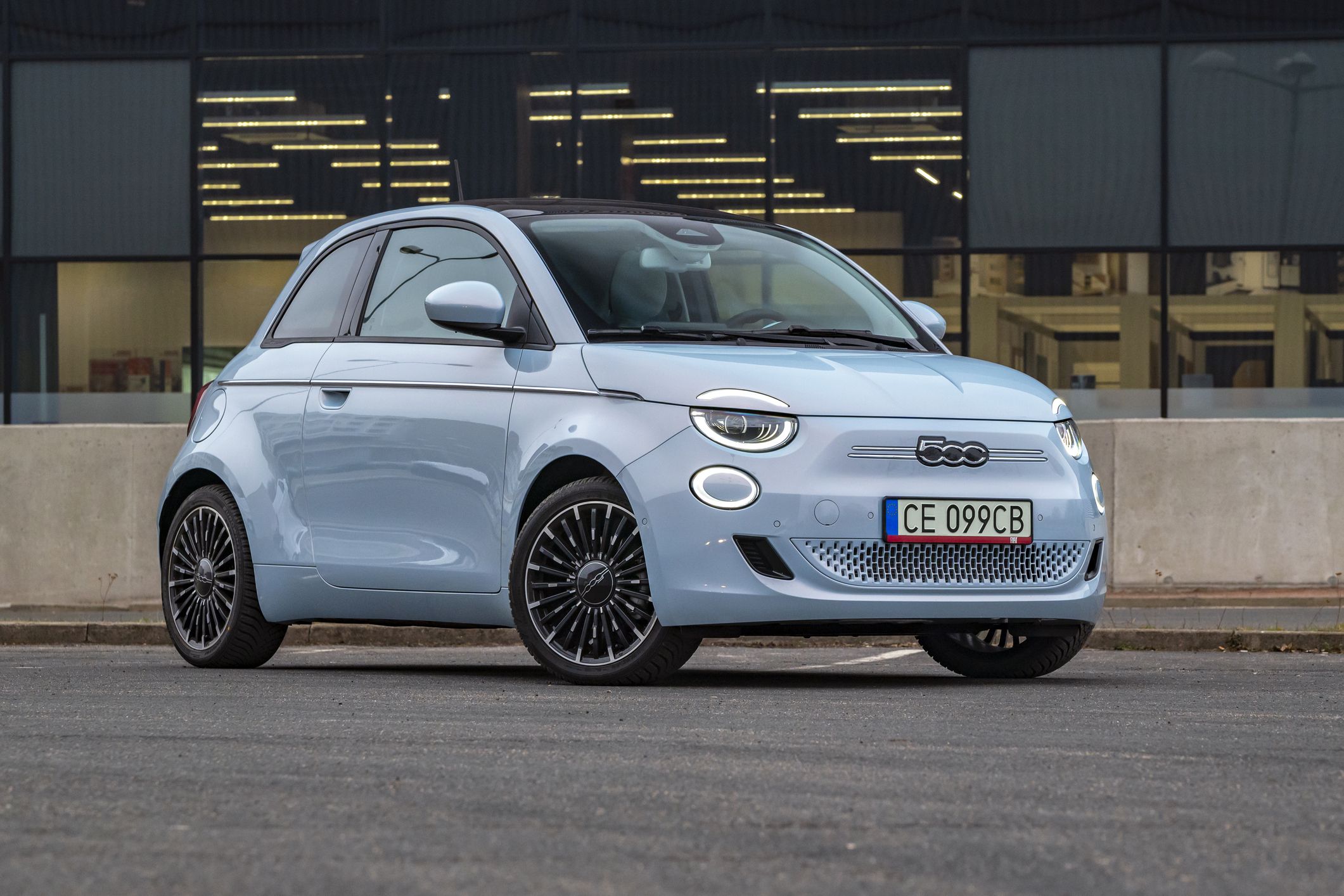 Berlin, Germany - 4th March, 2021: Electric car Fiat 500e on a street. This model is the first mass-produced electric car from Fiat.