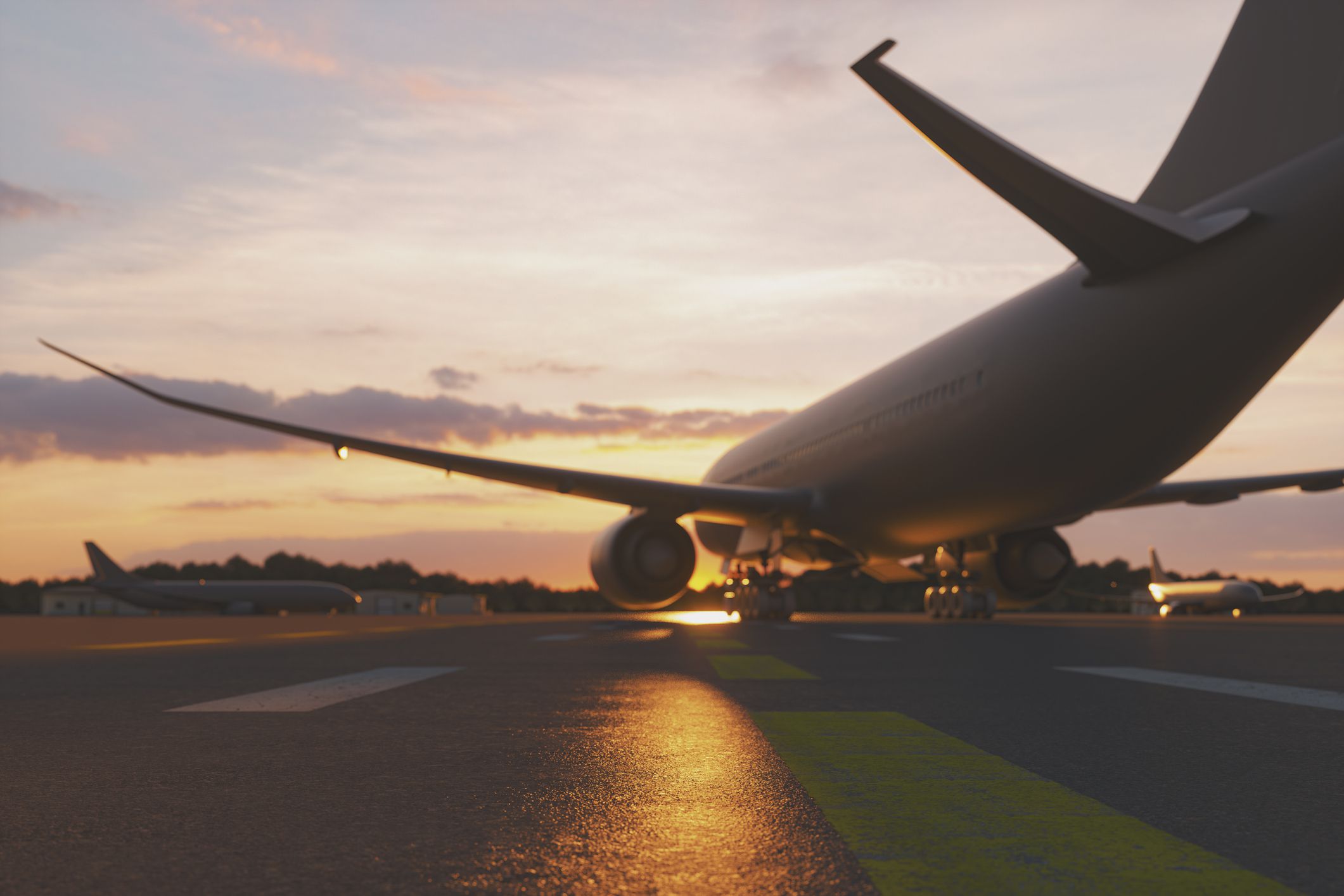 Empty airport at sunset, 3D generated image, generic location.
