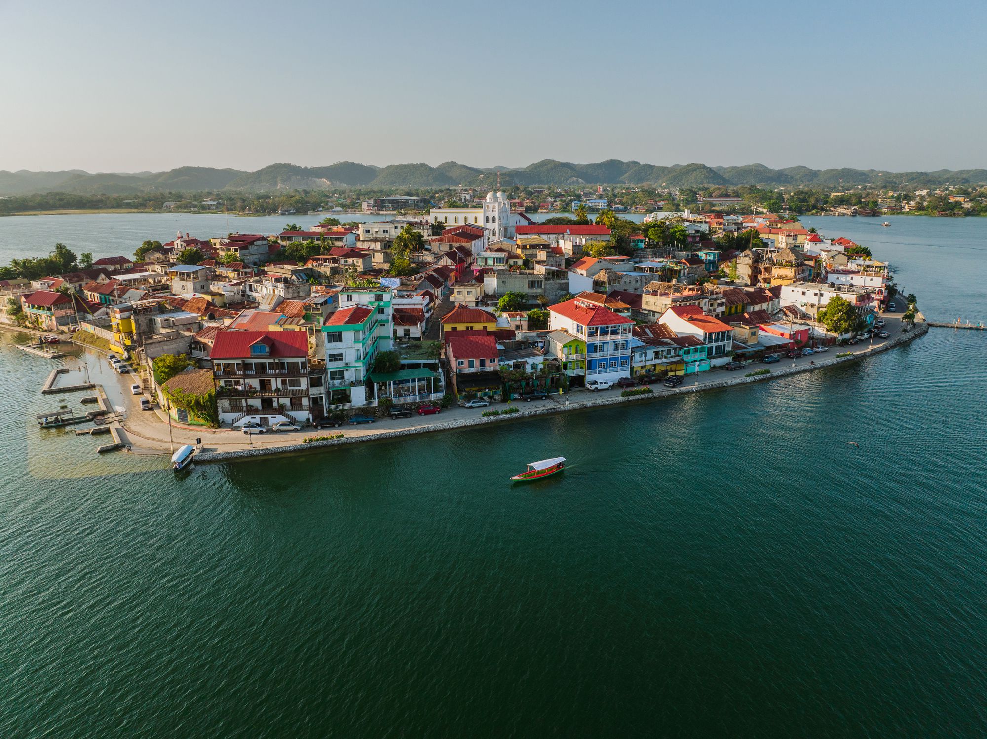 Scenic aerial view of boat near the Flores island in Guatemala