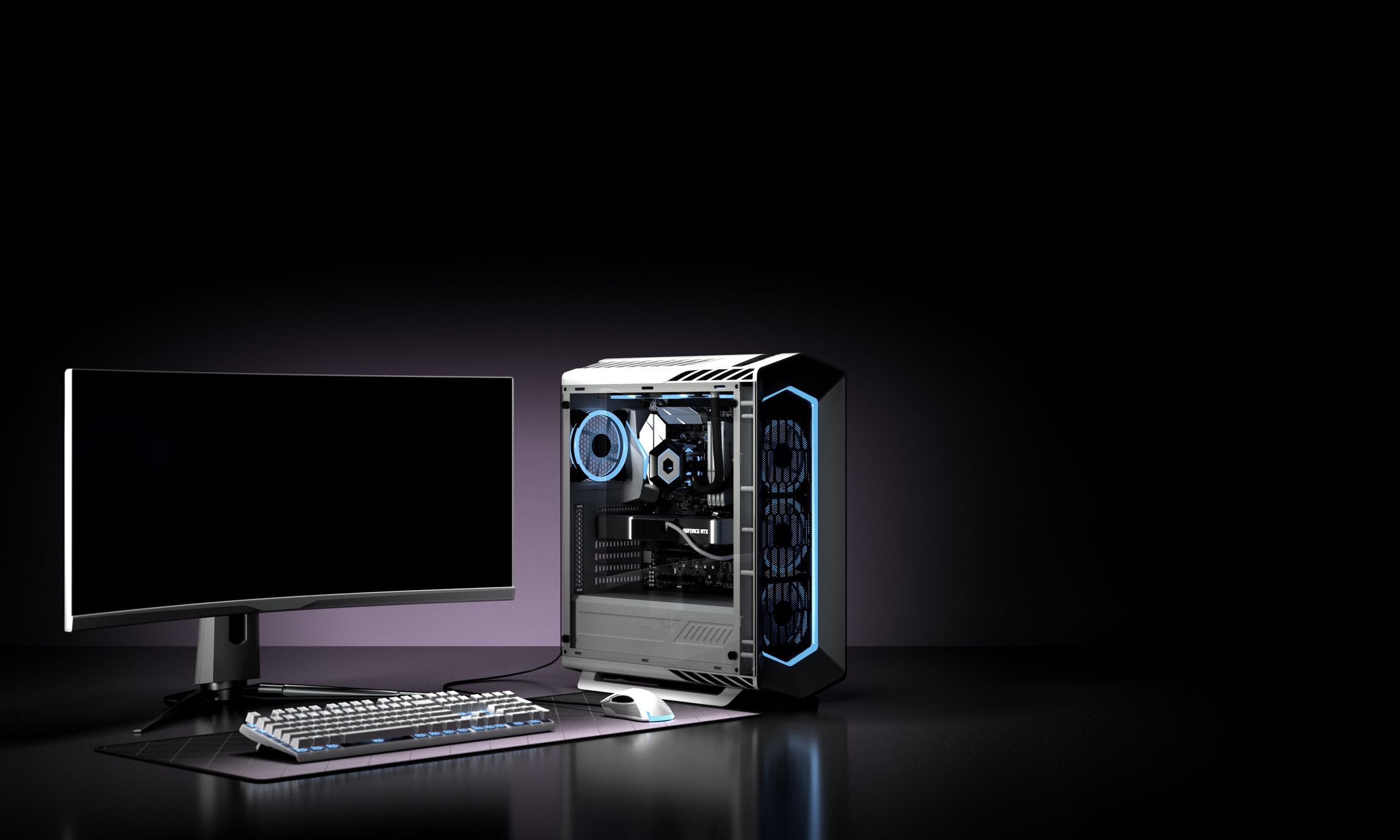 Computer Gaming PC on desk in dark room with neon Futuristic modern workplace
