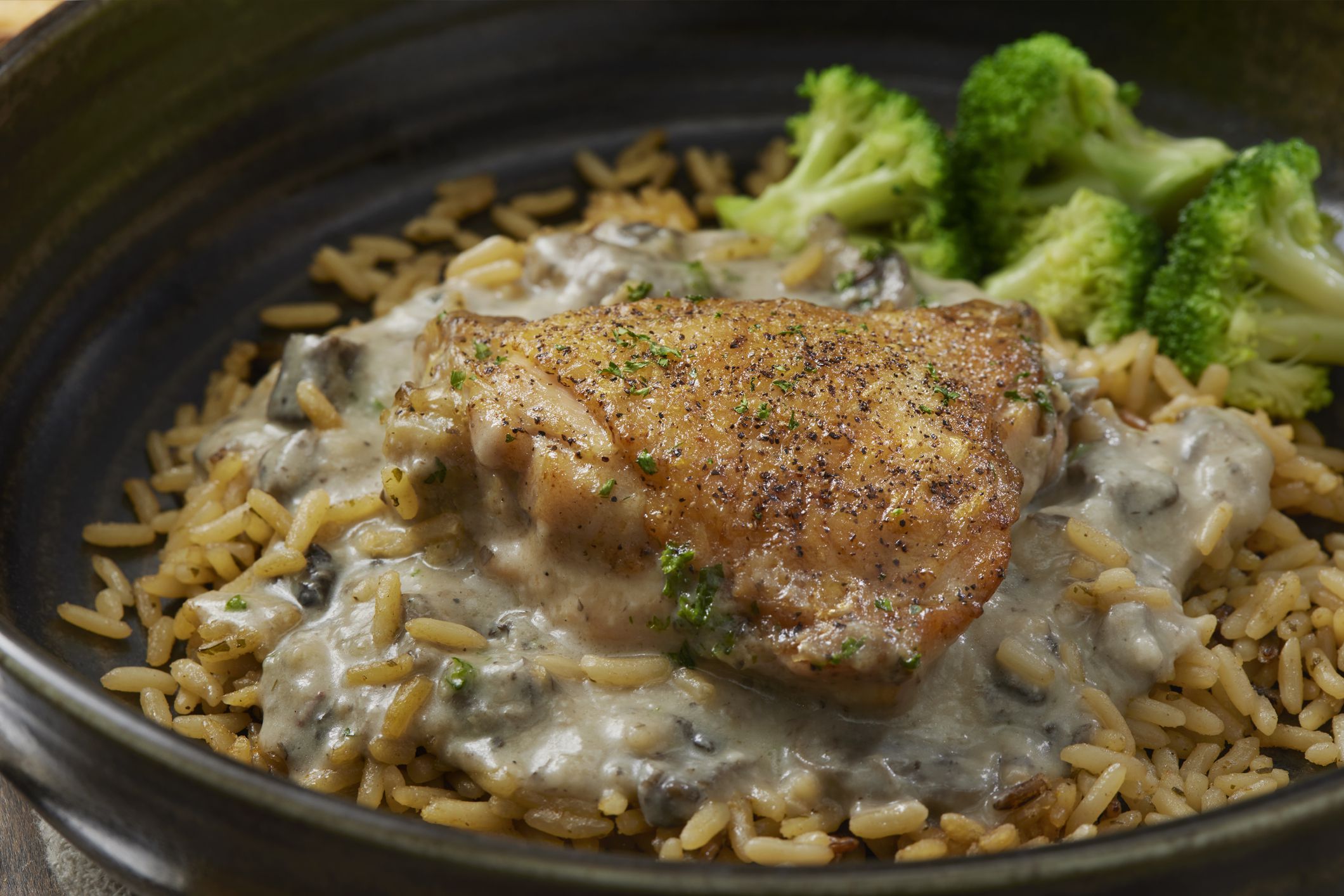 Chicken Stroganoff with Braised Chicken Thigh's, Creamy Mushroom Sauce, Wild Rice and Broccoli