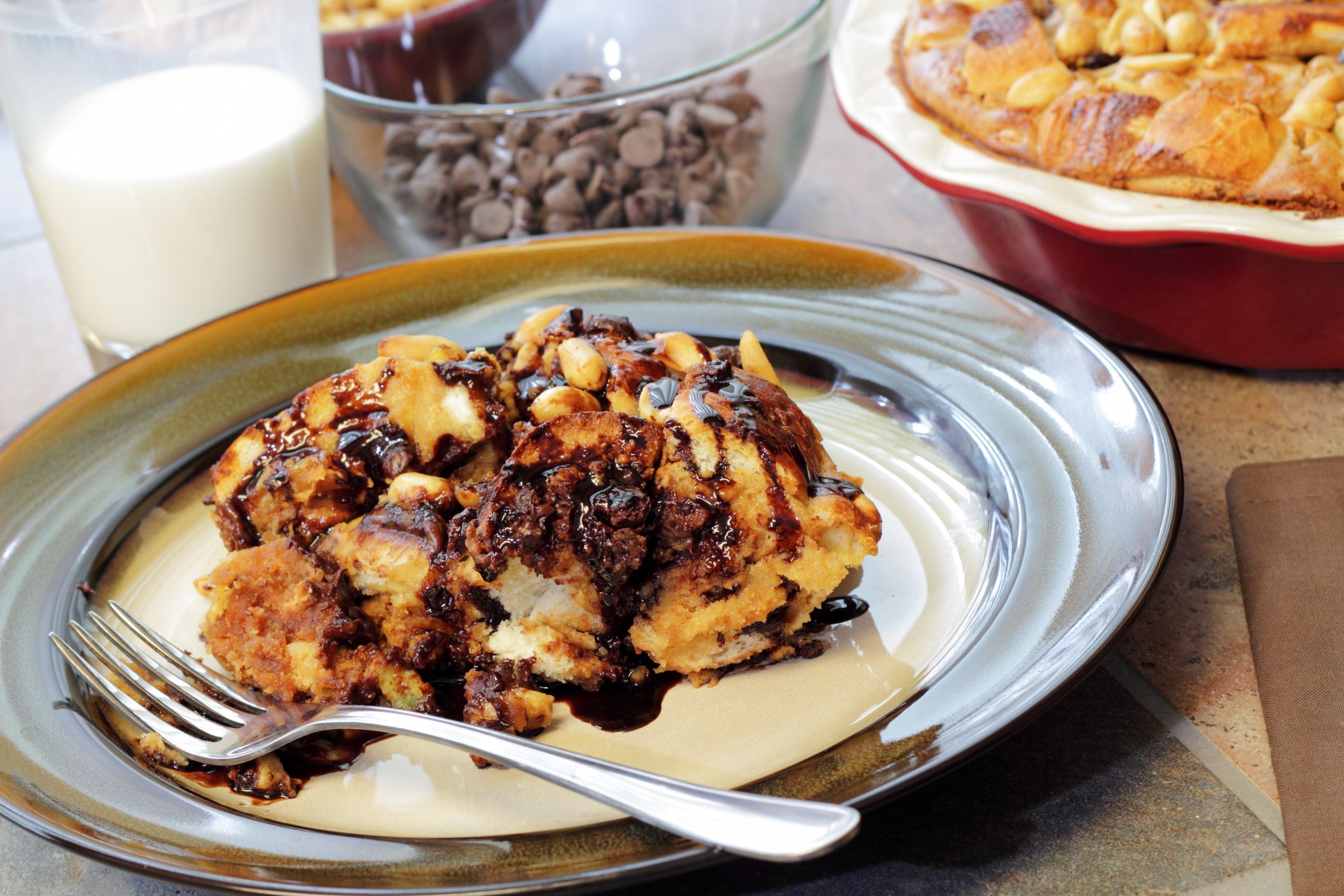 Bread pudding made with peanut butter, chocolate chips and brown sugar