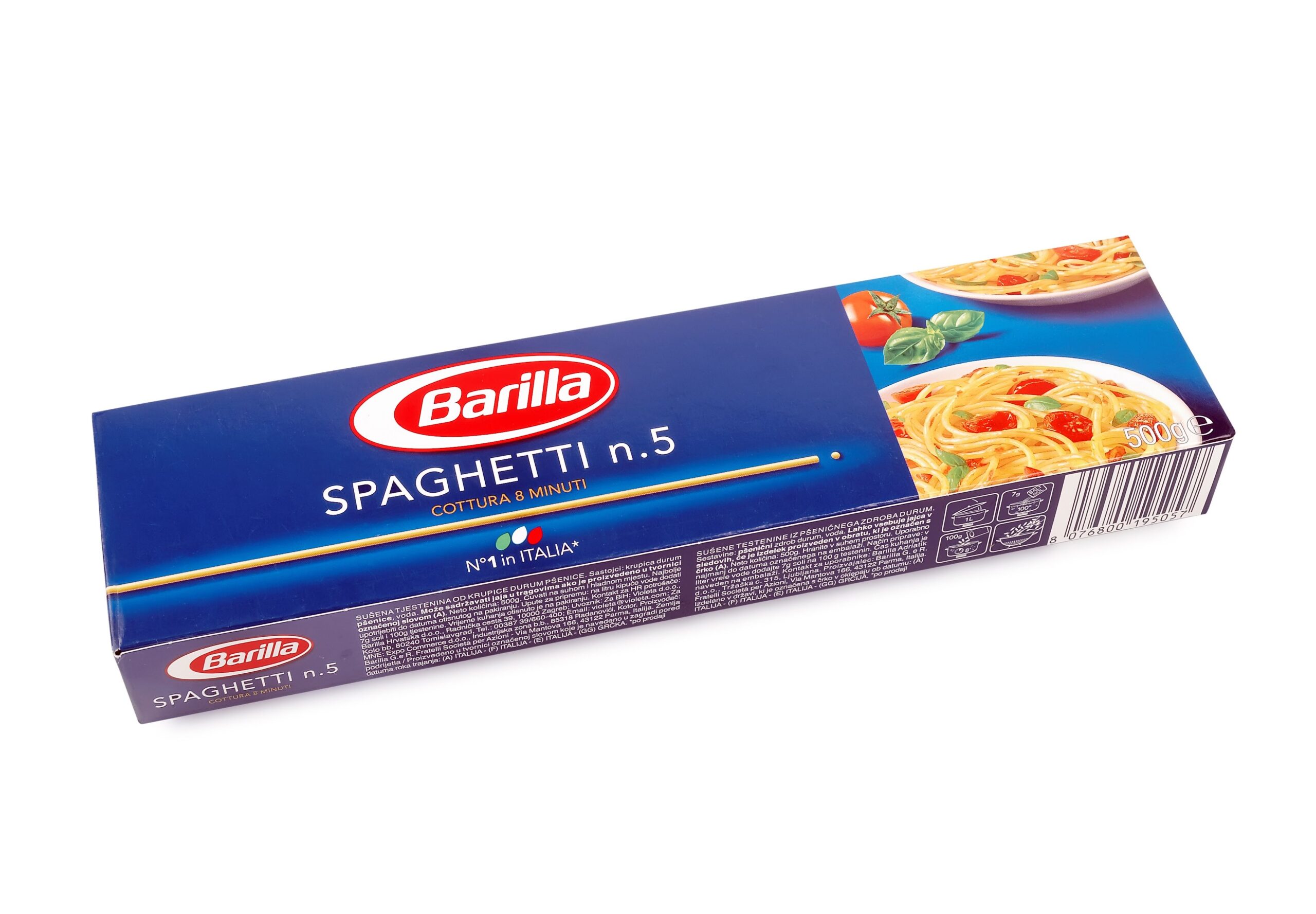 Pula, Croatia - November 14, 2015: A 500g box of Barilla spaghetti isolated against a white background. The company was founded in 1877 in Ponte Taro, near Parma, Italy.