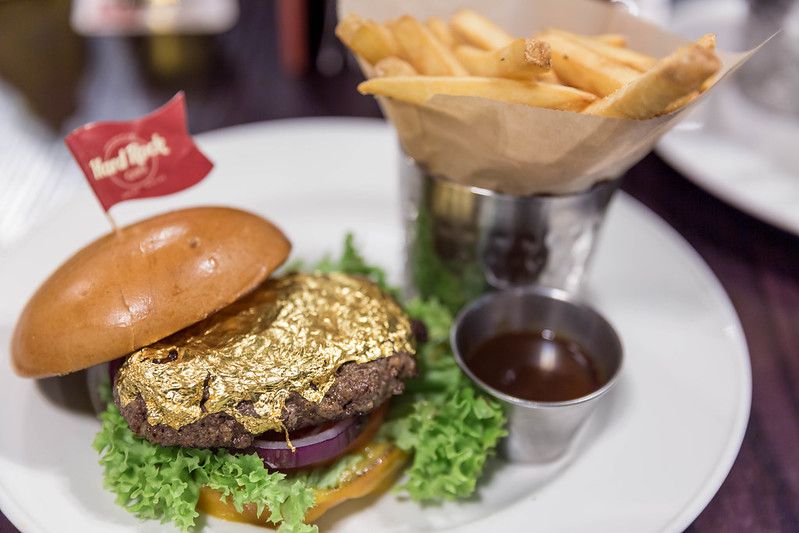 An image of the gold leaf burger from Hard Rock Cafe.