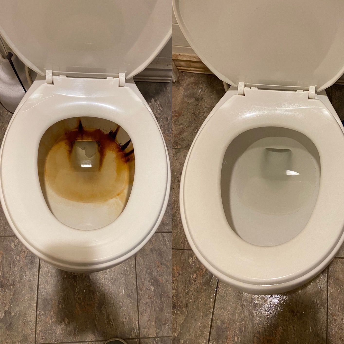 before and after photo of wink rust stain remover cleaning a toilet