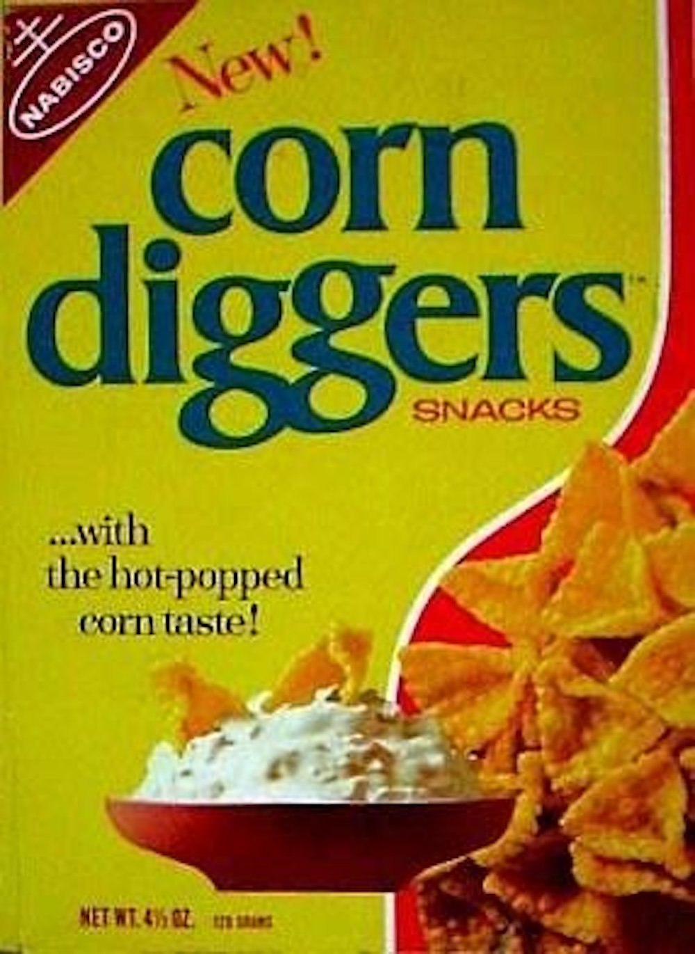 A vintage Nabisco Corn Diggers Snacks box featuring yellow corn chips next to a bowl of dip, with bold blue and yellow text and the tagline "...with the hot-popped corn taste!" on a red and yellow background.