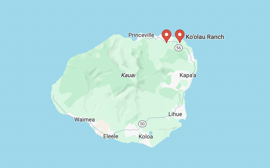 A map image of Koolau Ranch in Kauai, Hawaii