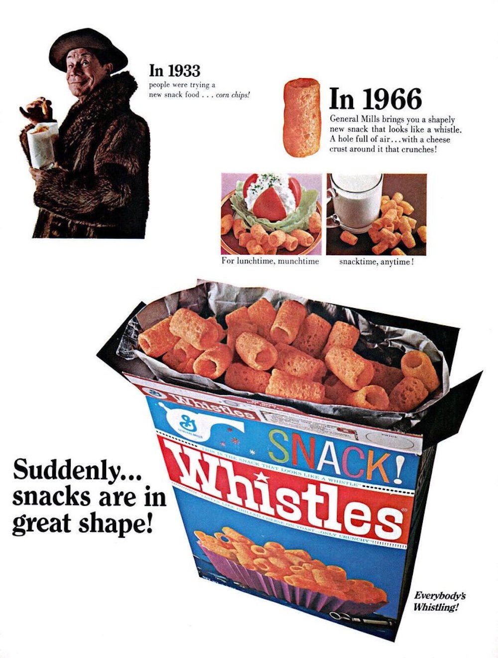 Retro advertisement showing a man holding corn chips, food images, and a large open box of Whistles snacks with round, tube-shaped cheese snacks spilling out. Text describes the history and appeal of Whistles snacks.