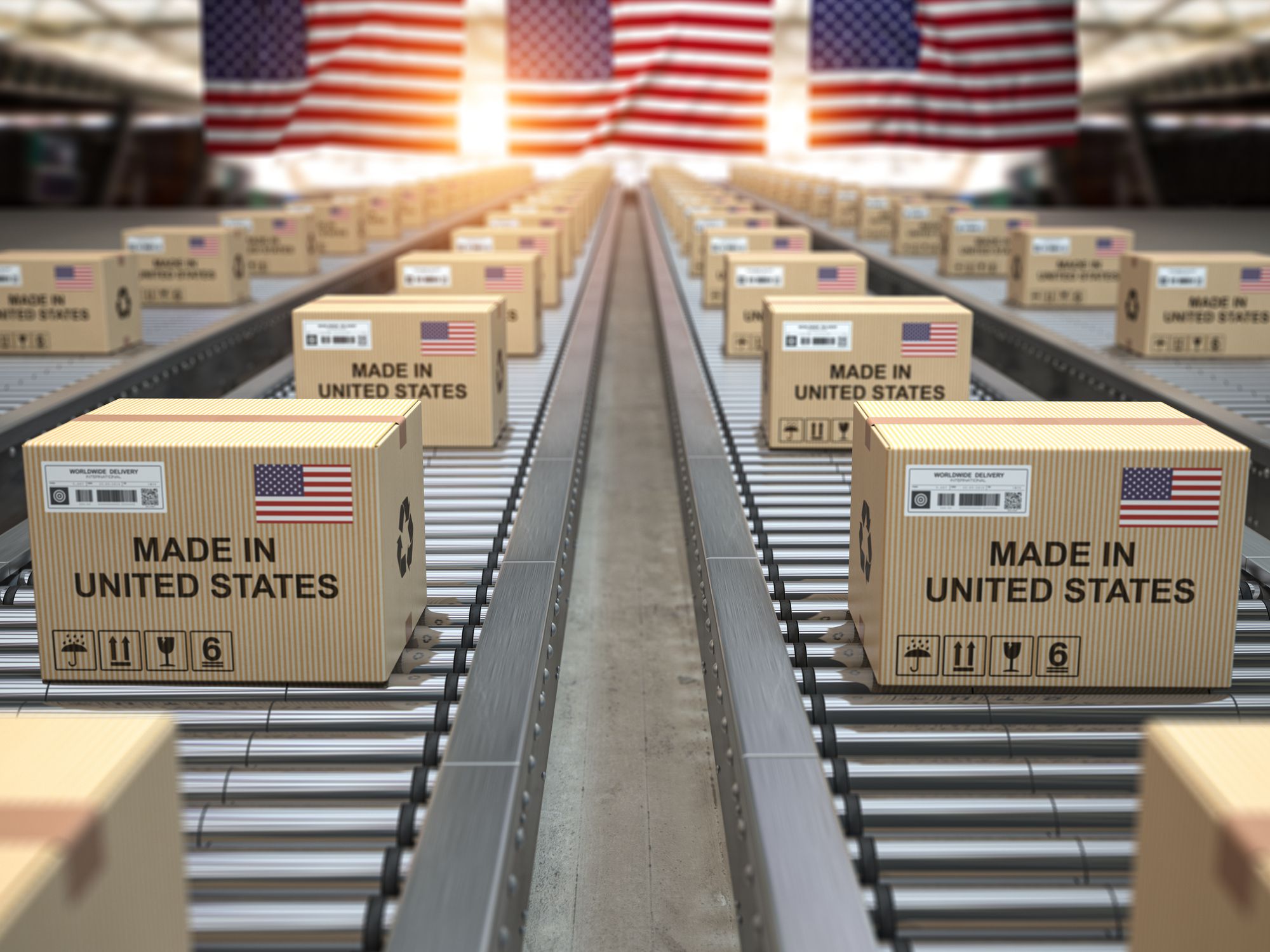 Made in USA United States. Cardboard boxes with text made in USA and american flag on the roller conveyor. 3d illustration