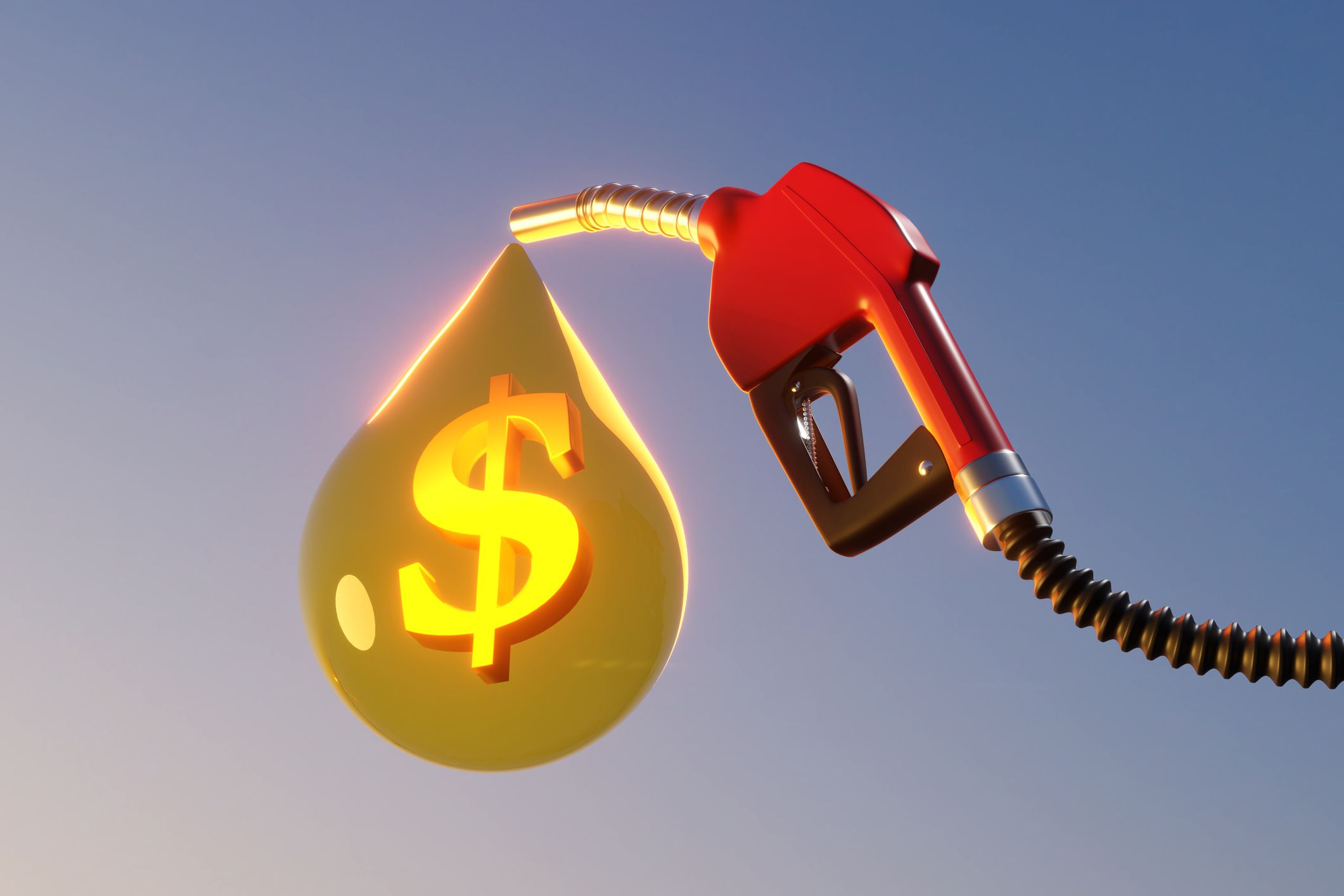 Diesel fuel pump gun with a big drop of golden oil containing a shiny dollar sign. Illustration of the concept of increasing gas price