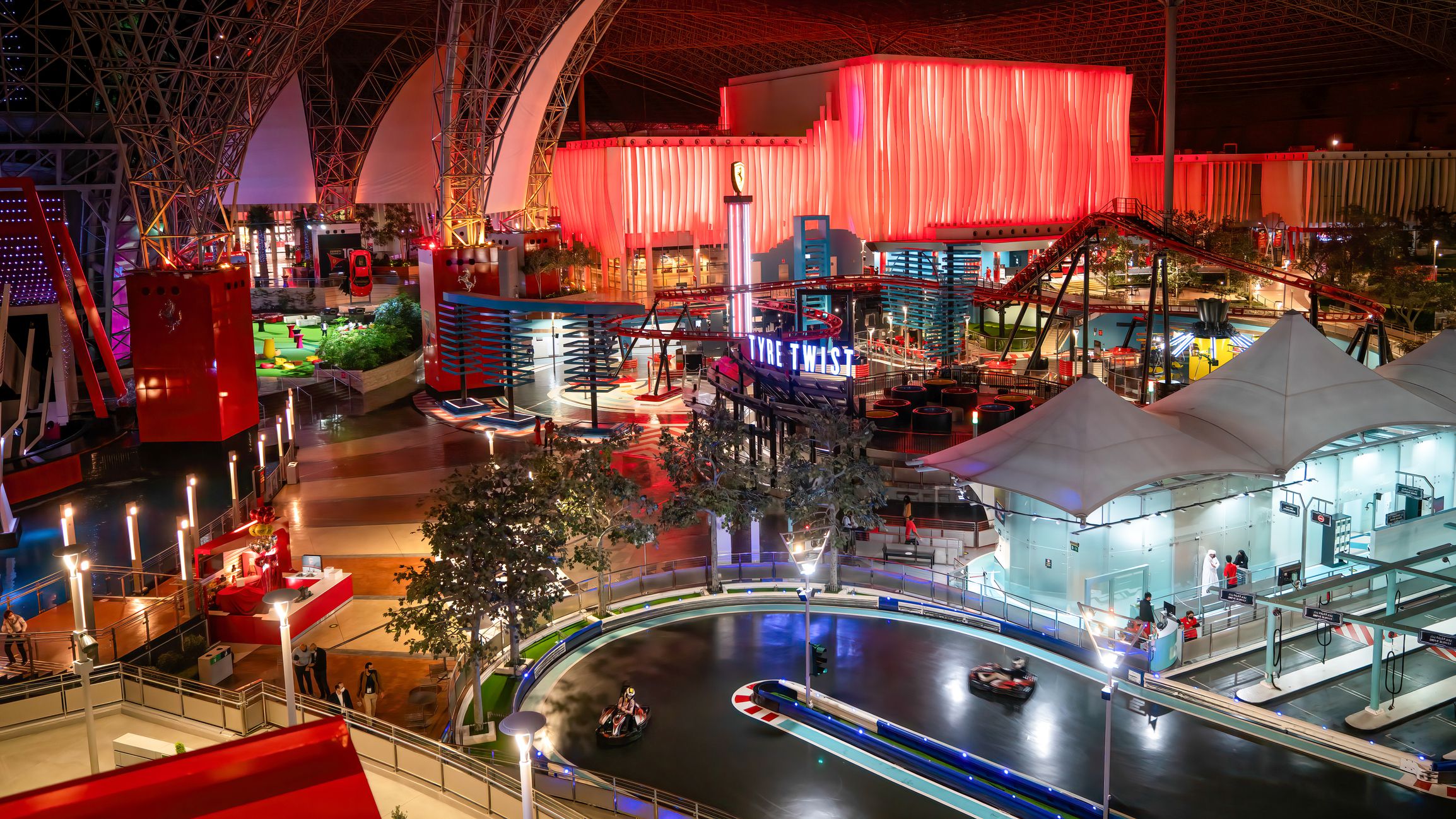 Abu Dhabi, UAE - February 2022: Interior view of Ferrari World Motor racing-themed complex and amusement park, which is the largest indoor amusement park in the world.