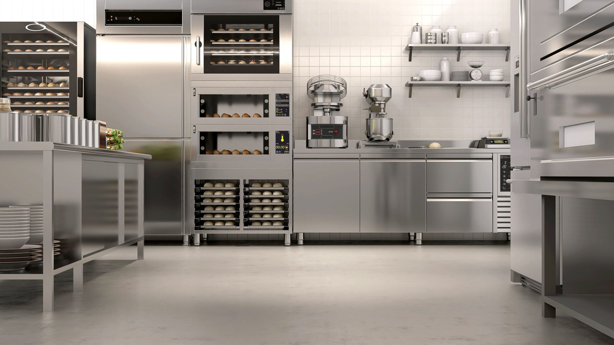 New, clean resin vinyl floor in commercial, professional bakery kitchen and stainless steel convection, deck oven, freezer, refrigerator, kneading machine, table, cabinet, bread, bun for industrial food, restaurant, baking business background 3D