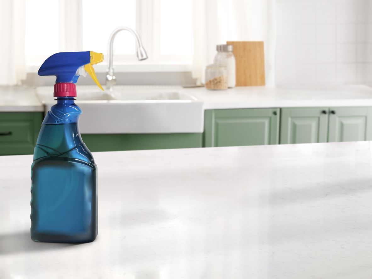An image of an oven cleaner bottle on a countertop.