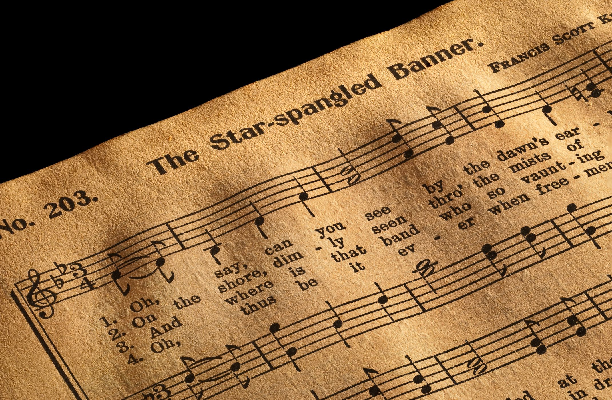 Sheet music for the Star-Spangled Banner in an antique hymnal. The printing is copyrighted 1890 and is in the public domain.