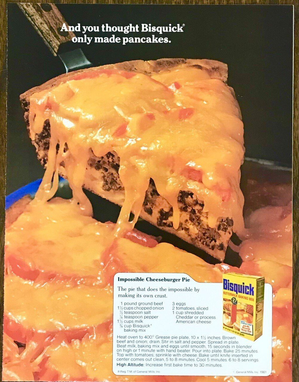 Vintage Bisquick ad with impossible cheeseburger pie recipe