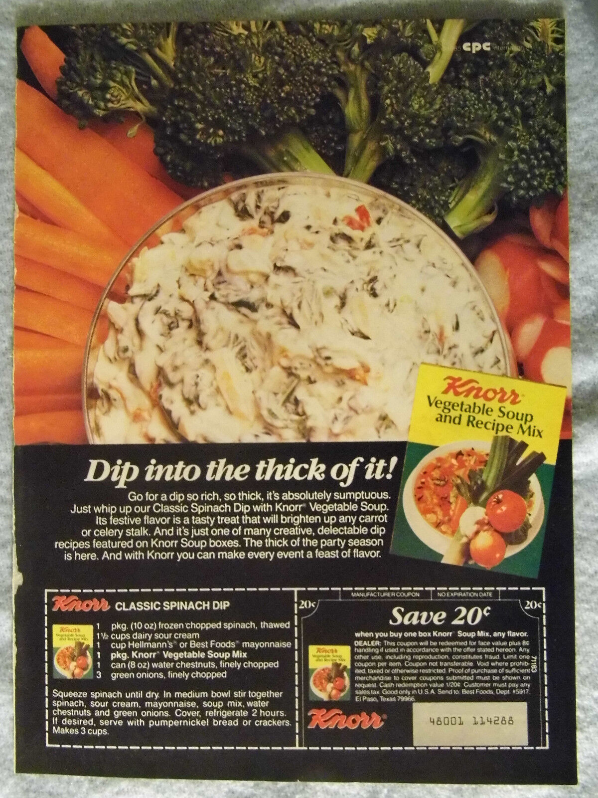 Knorr vintage ad with spinach dip recipe