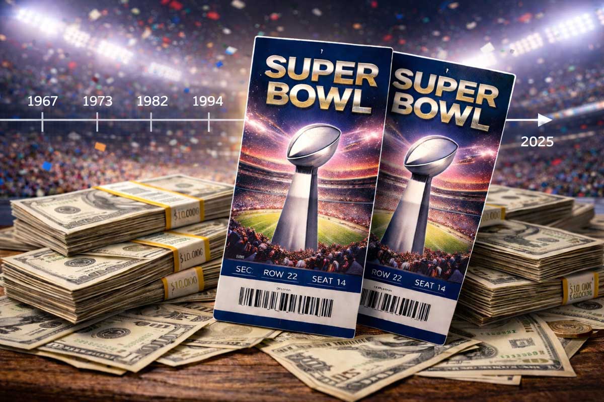 Two Super Bowl tickets are displayed in front of large stacks of cash on a stadium background, confetti falling and a timeline above marking years from 1967 to 2025, highlighting the rise in Super Bowl ticket prices over the decades.