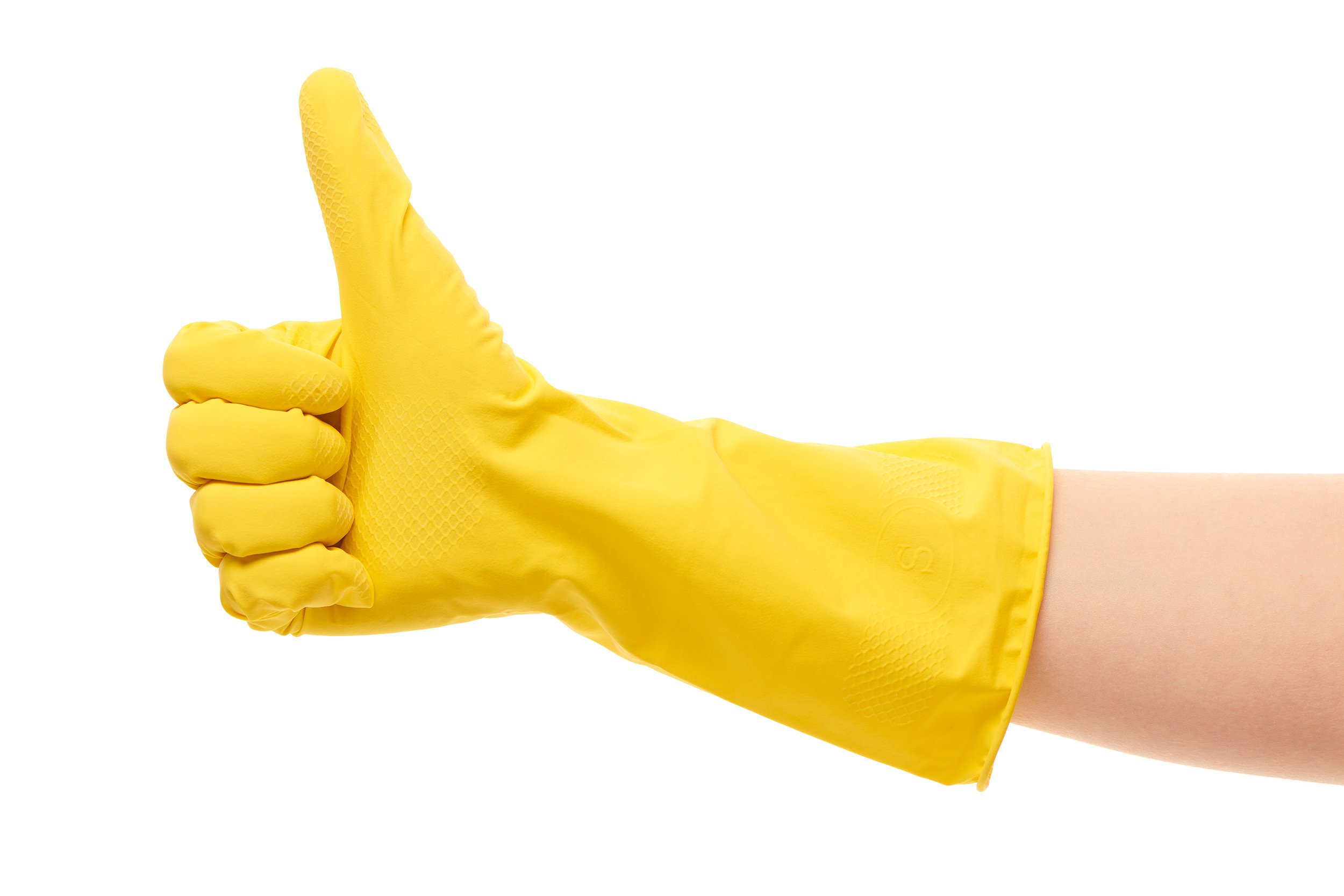 Hand wearing rubber gloves giving a thumbs up sign