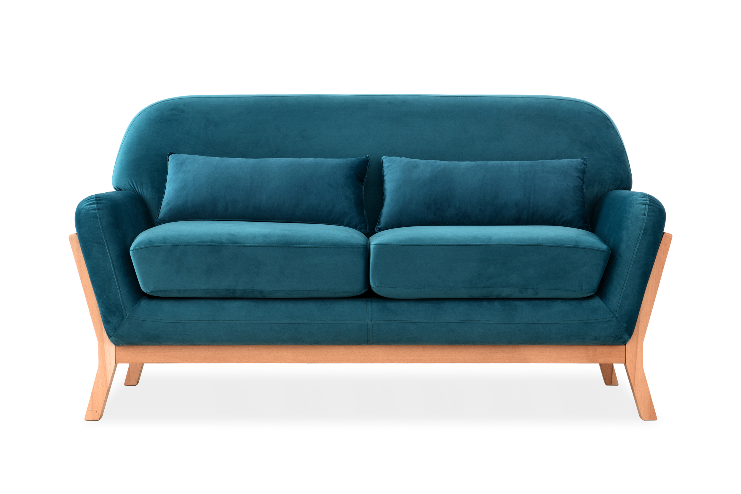 Blue 2-person sofa with wooden foundation and legs on a white background