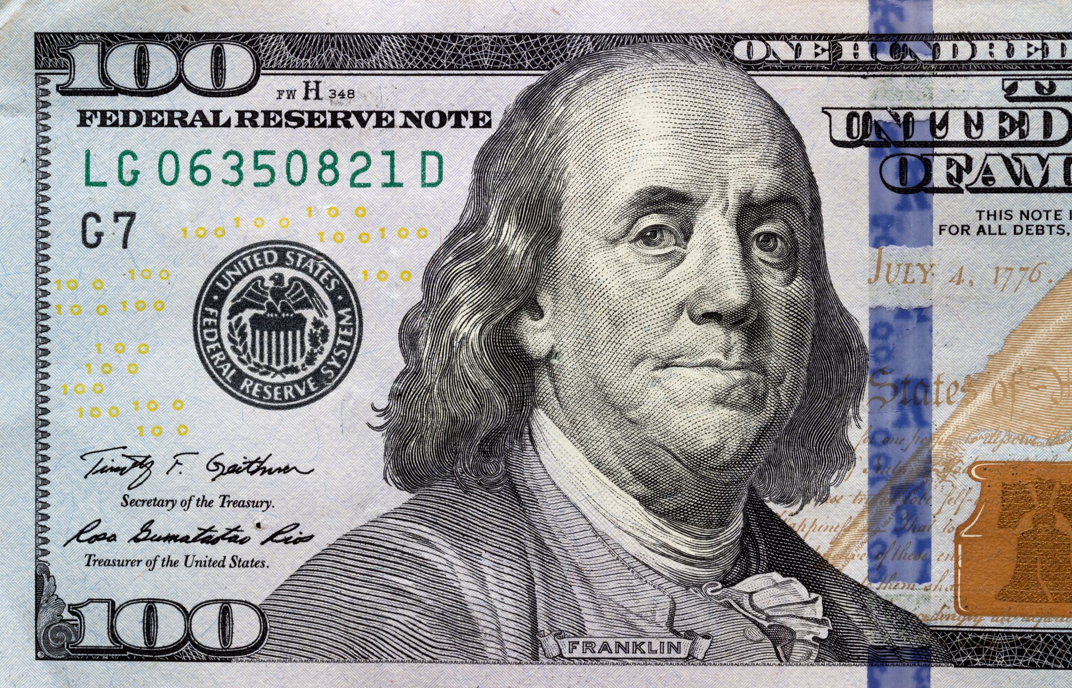 Former president Benjamin Franklin on recent $100 US dollar bill