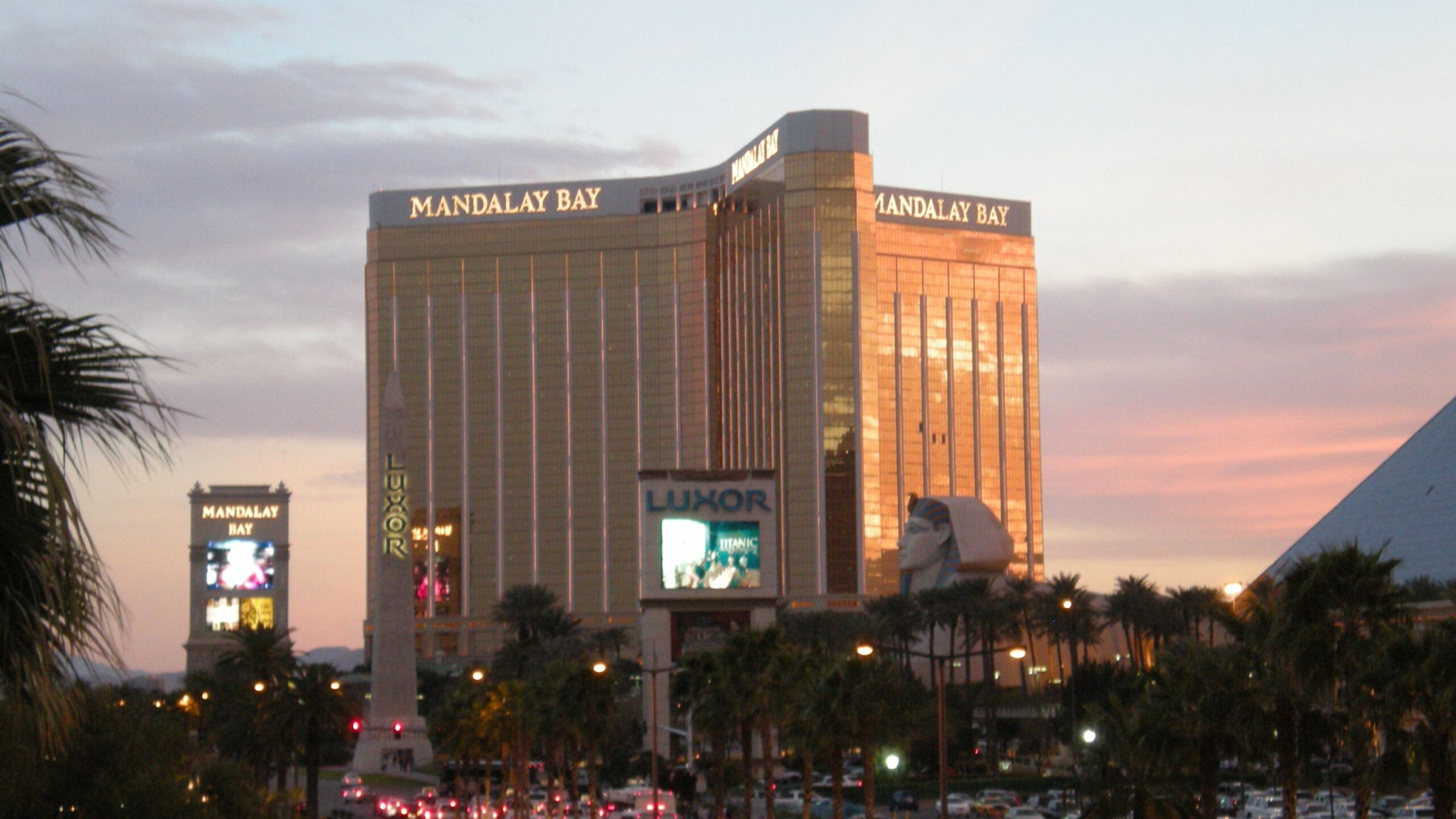 Mandalay Bay Resort and Casino reflecting sun during sunset.
