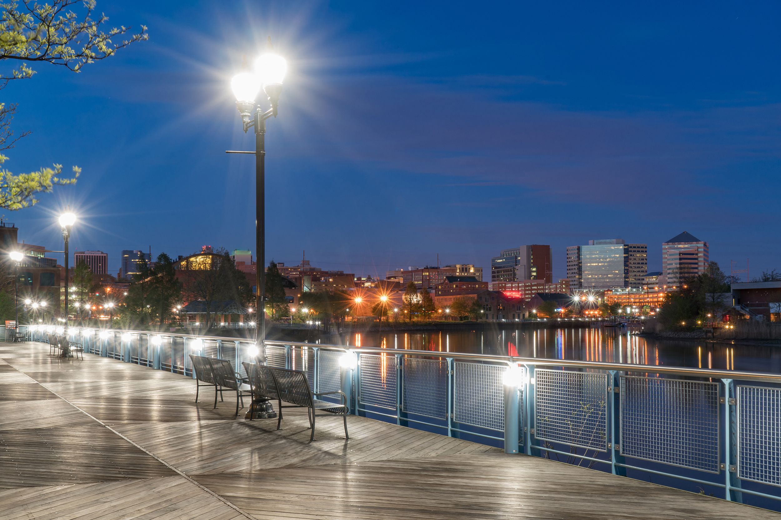 Riverfront of Wilmington, Delaware at night