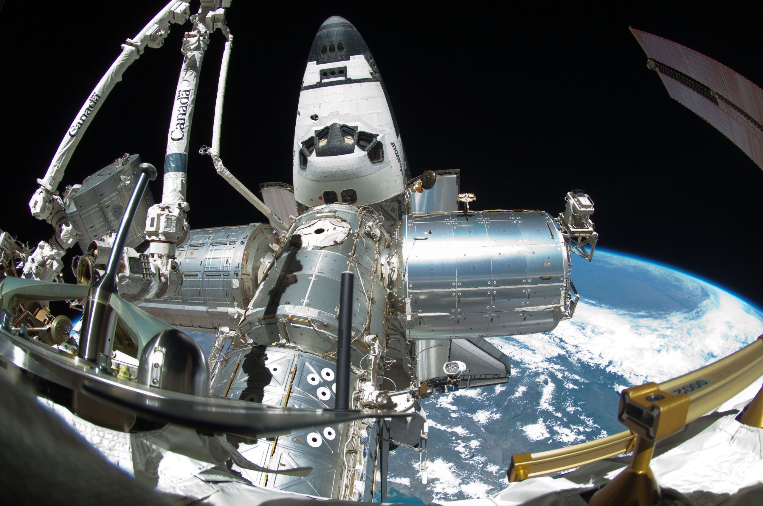 Fisheye view of several labs at the International Space Station