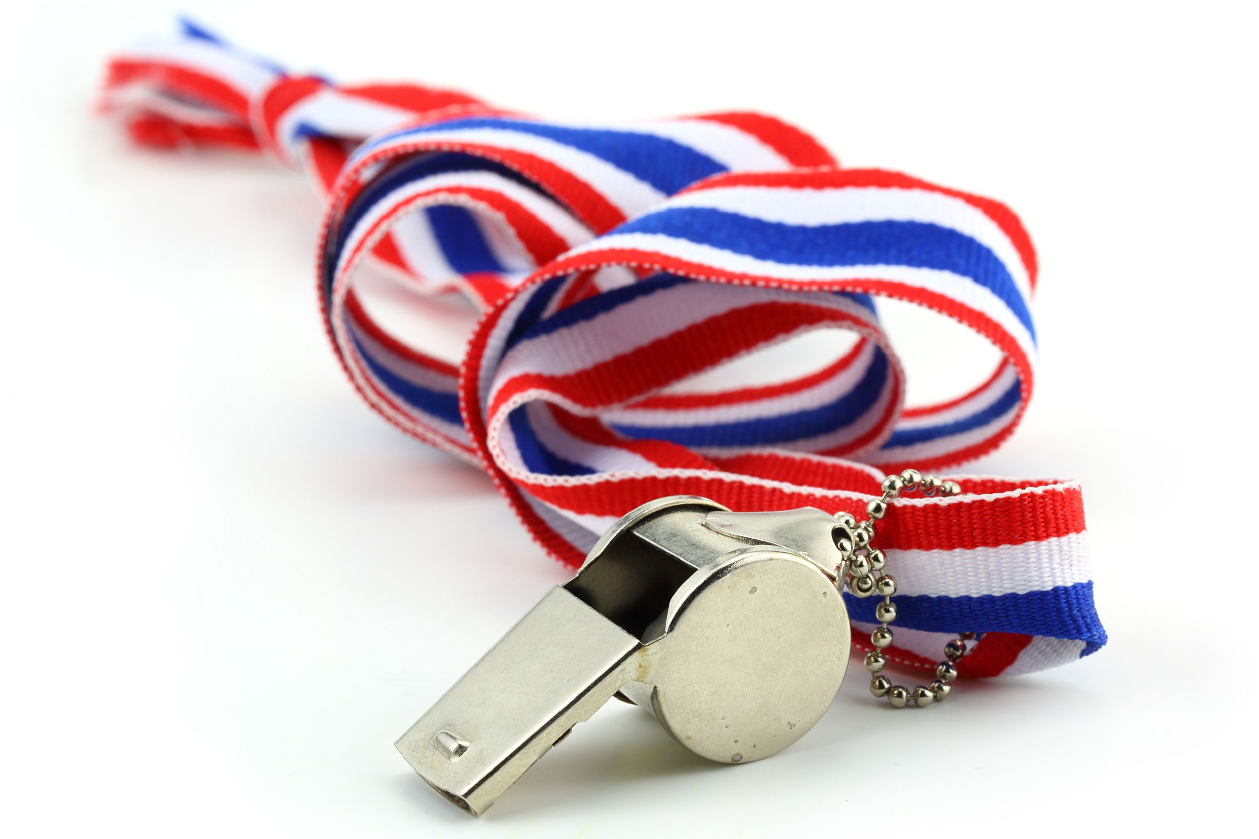 Silver colored whistle attached to red, white, and blue ribbon necklace