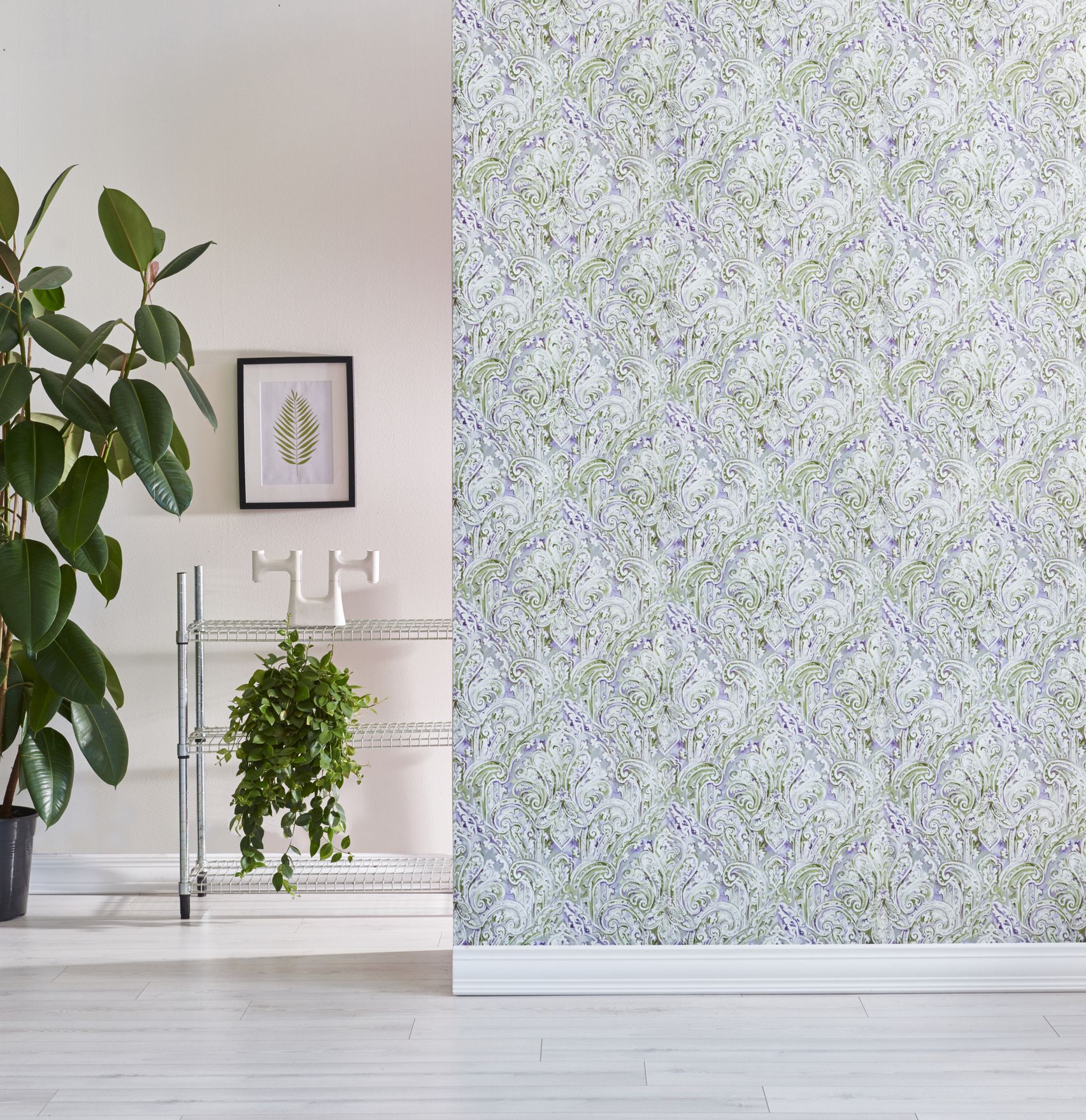 Grey wallpaper and botanic flowers style interior with wicker chair.