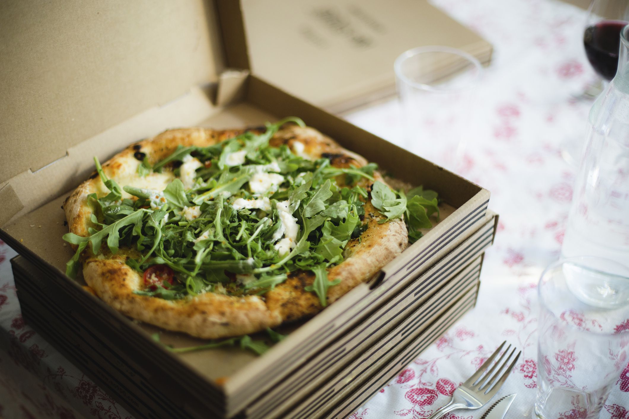 food, pizza, pizza box, delivery, arugula