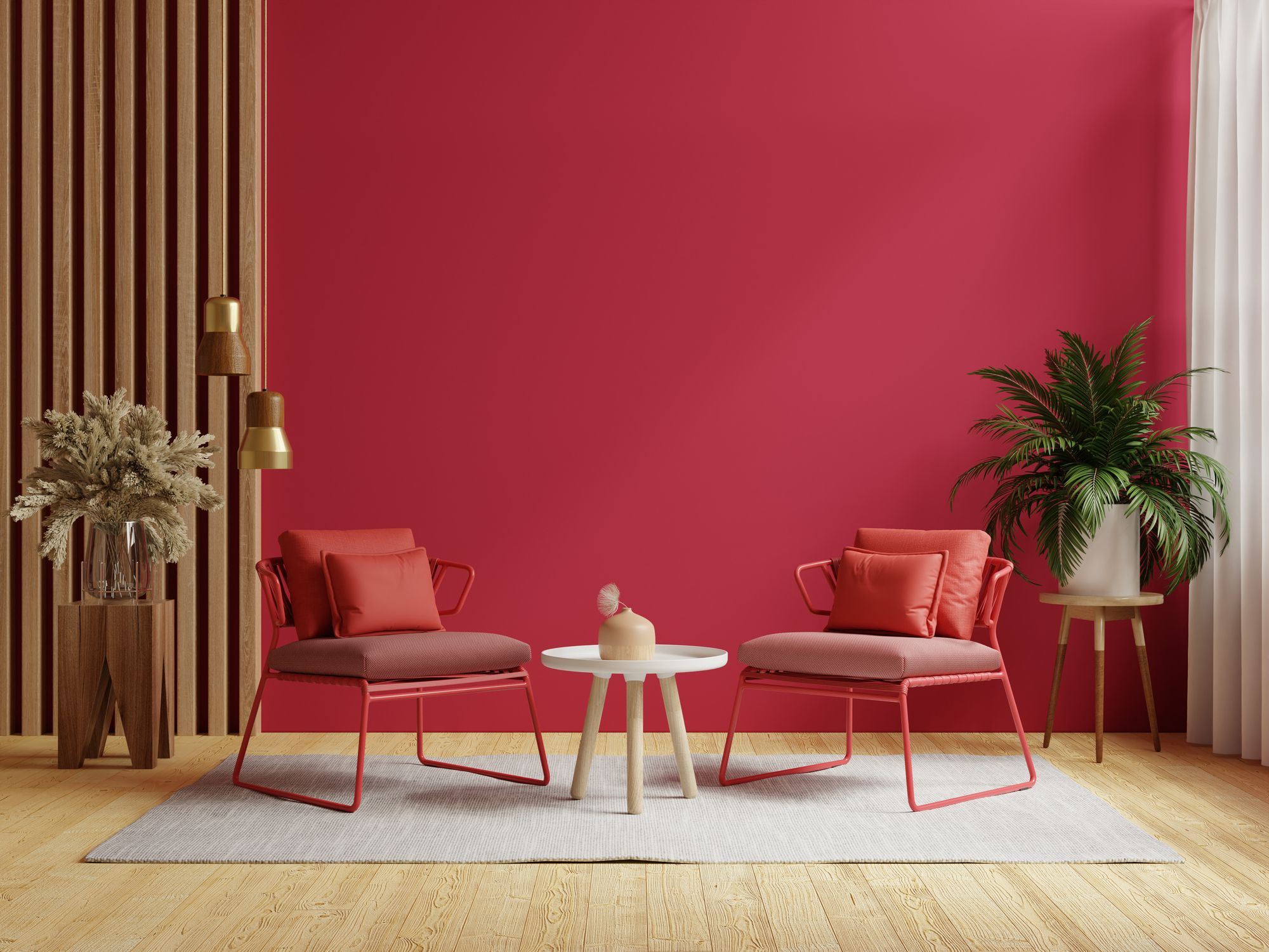Viva magenta wall background mockup with two armchair furniture and decor accessories.3d rendering