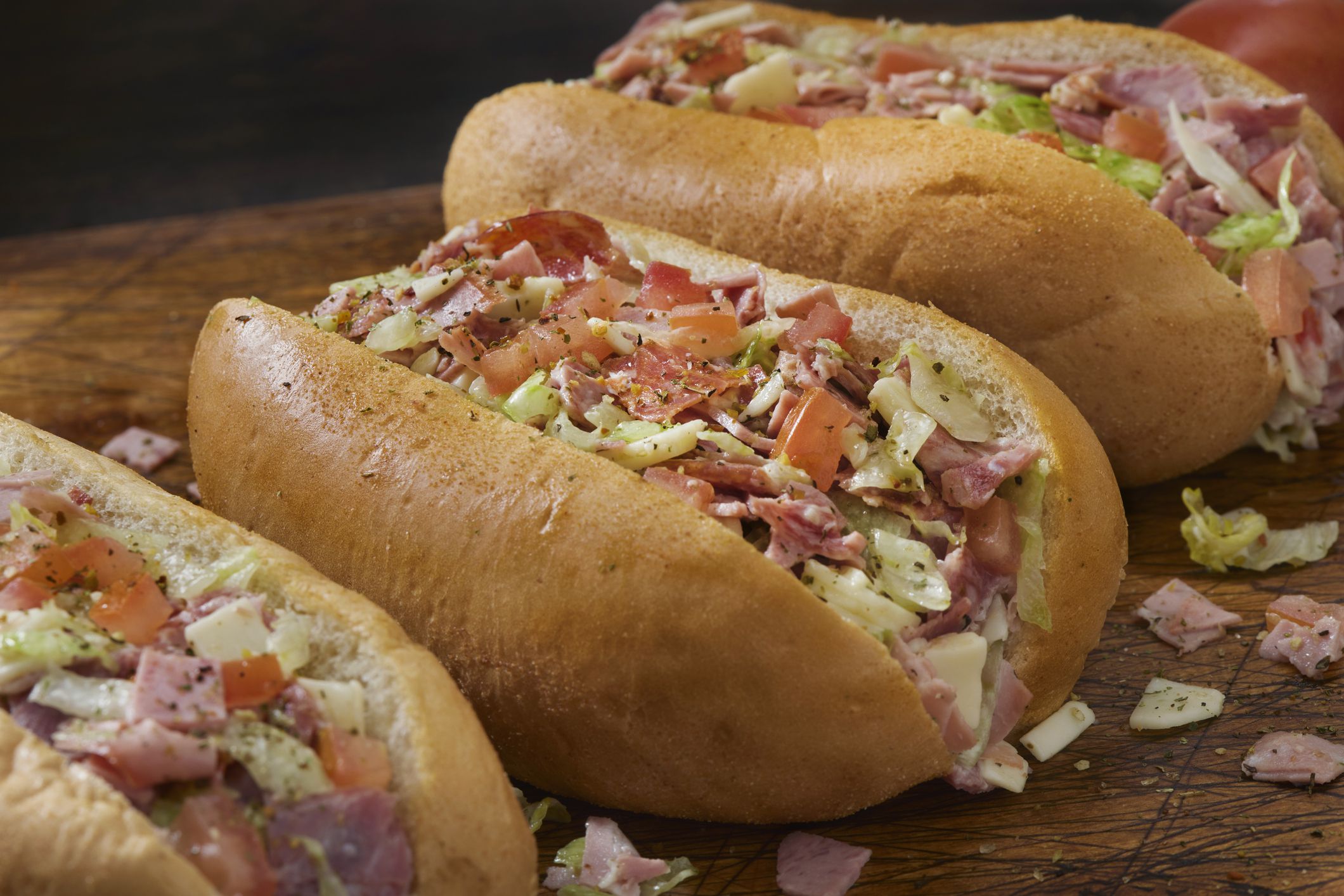 The Viral Chopped Italian Sub Sandwich with Ham, Salami, Prosciutto, Mortadella, Provolone Cheese, Lettuce, Tomato and Olive Oil
