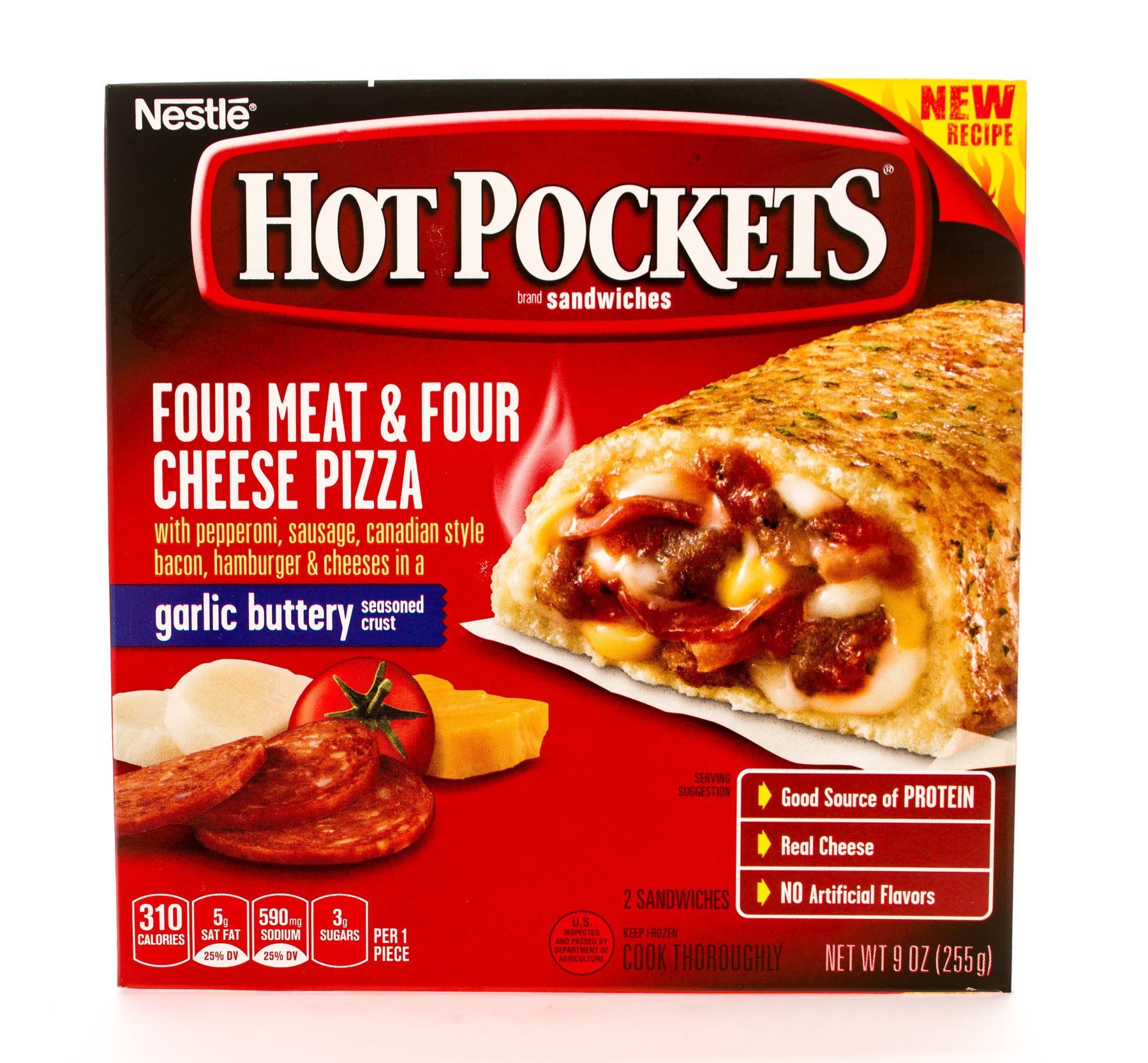 Winneconni, WI, USA - 13 June 2015: Box of Hot Pockets in four meat & four cheese pizza flavor.