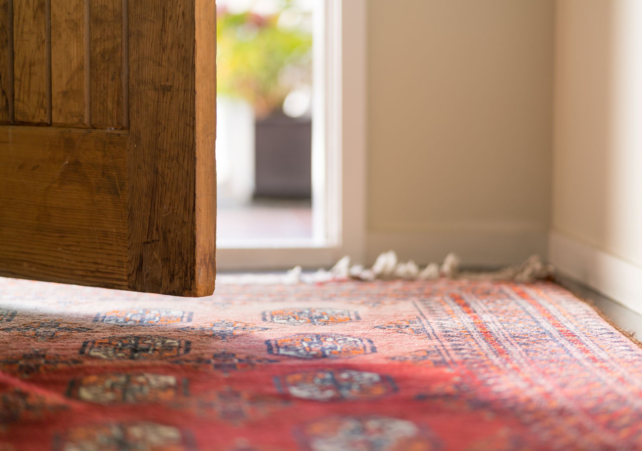 persian rug below open door, greenery in background