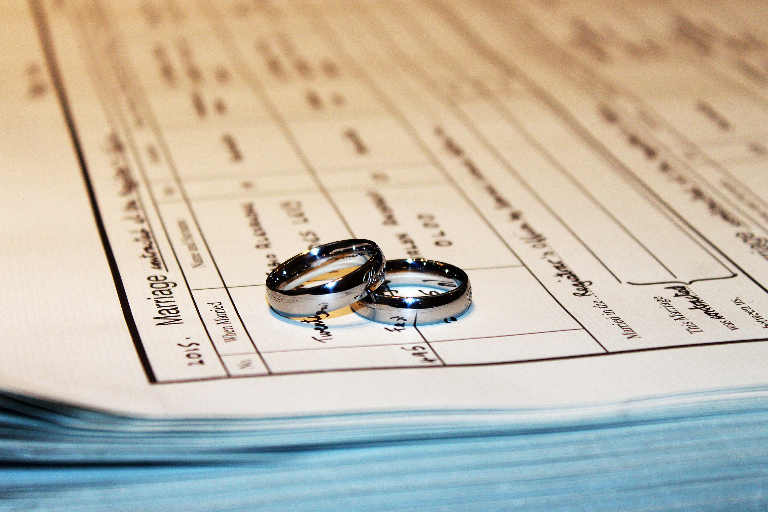 Wedding rings on a marriage certificate