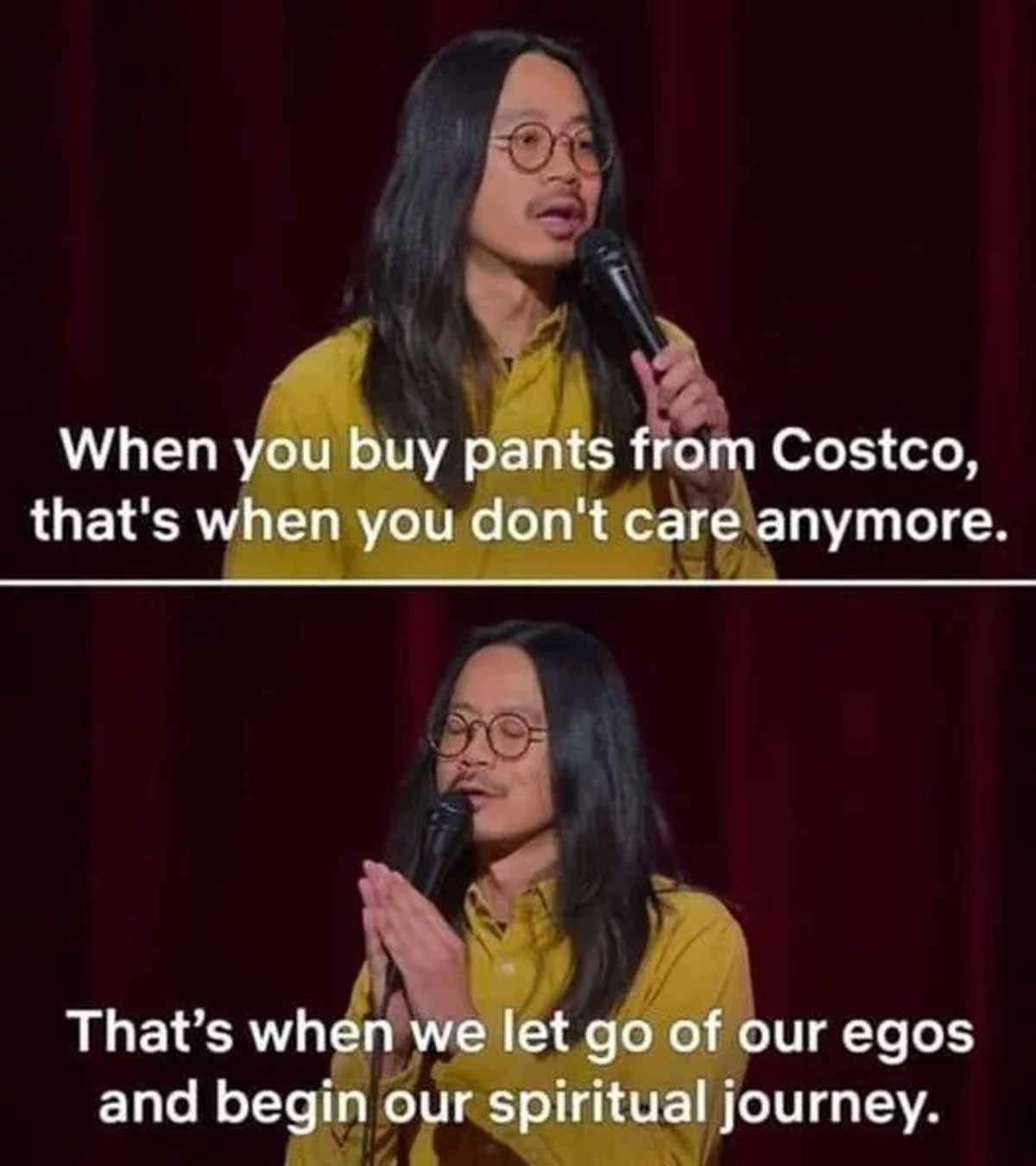 Photo of a comedian telling a joke about Costco pants