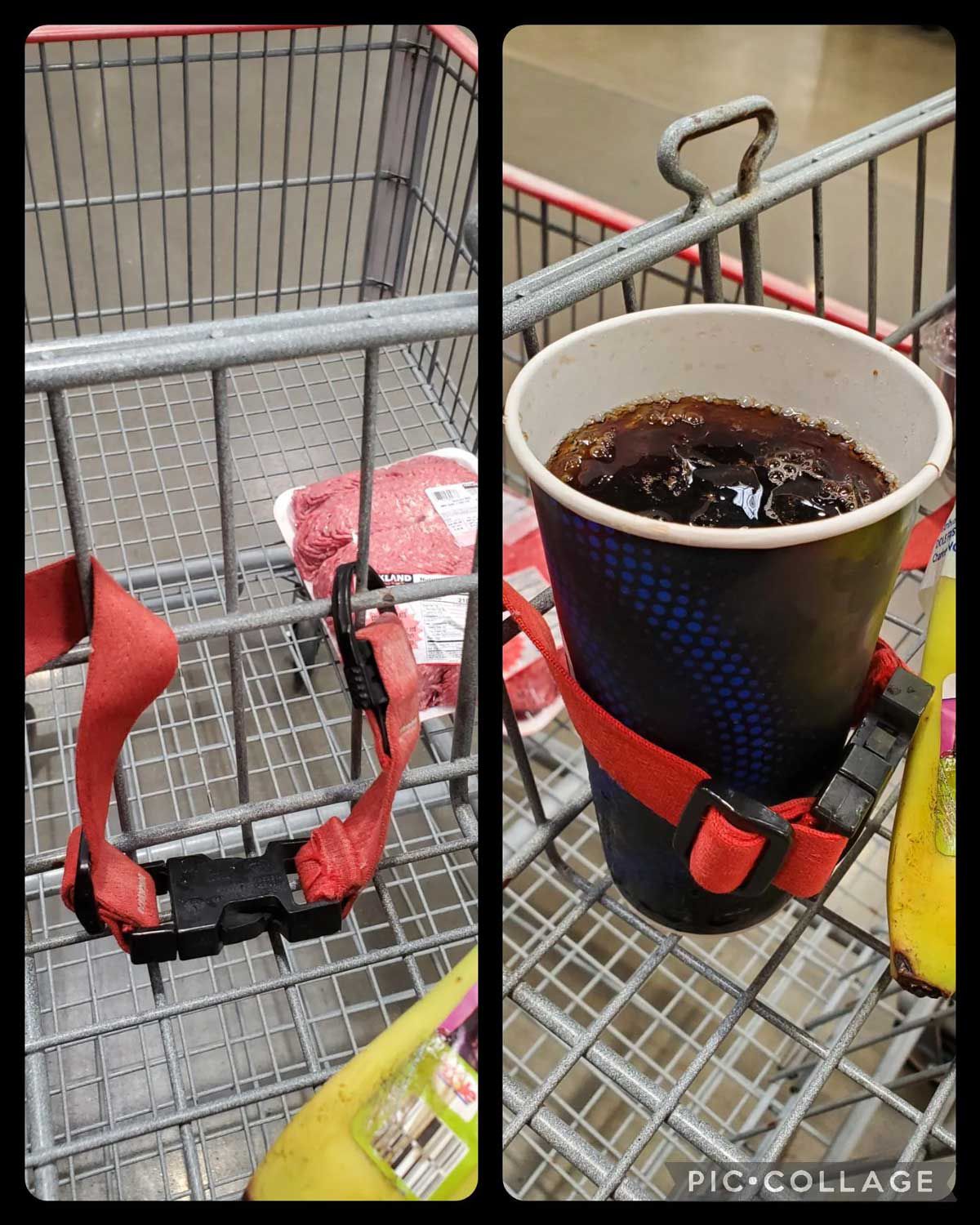 A soda that is buckled into a shopping cart at Costco