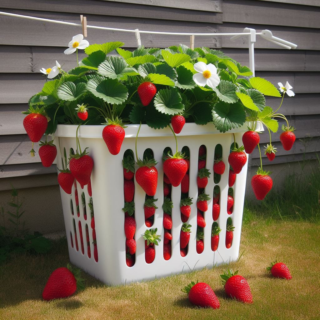strawberries growing in a laundry hamper