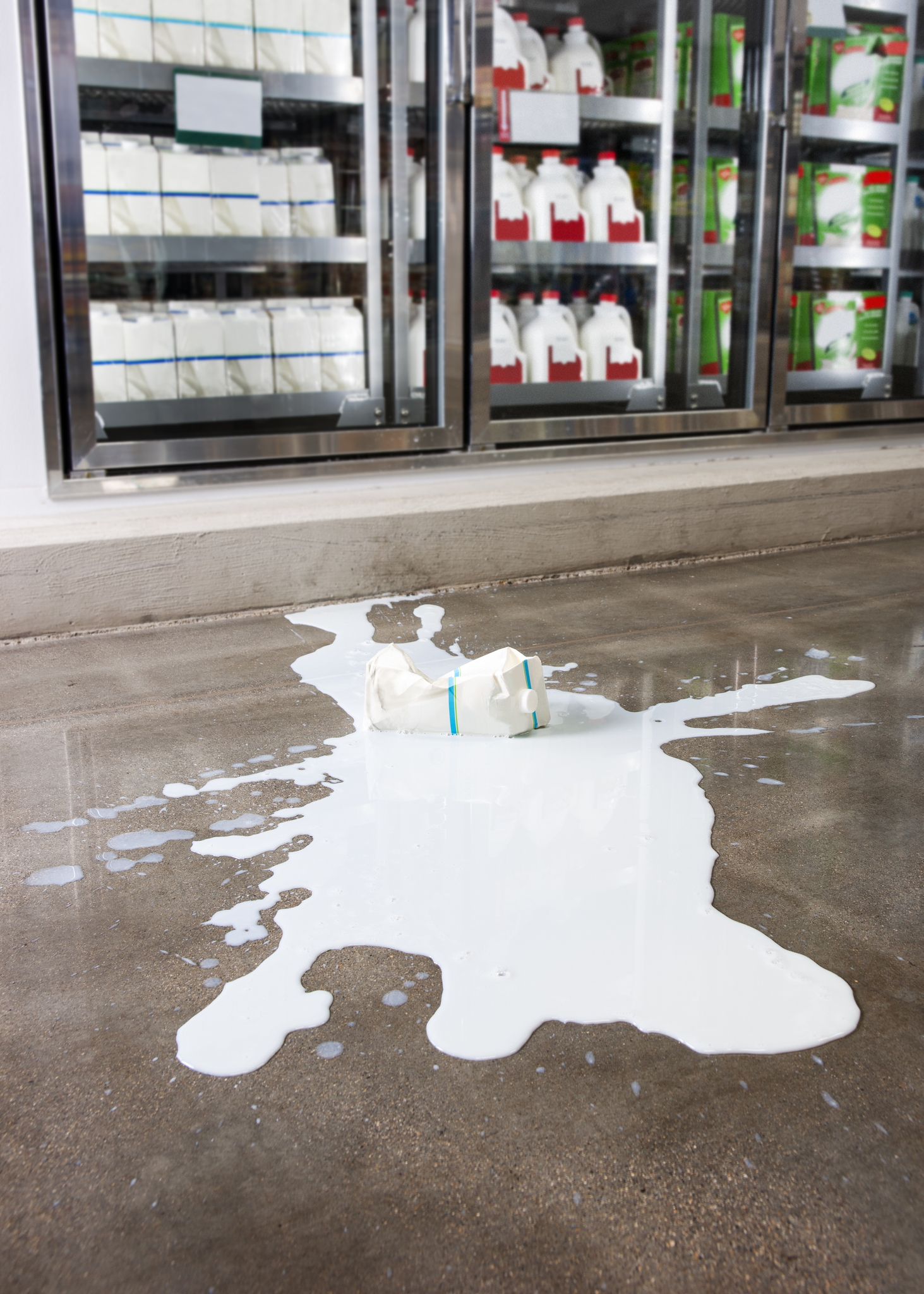 Half-Gallon of Milk Spilled on Floor in Dairy Aisle of Grocery Store