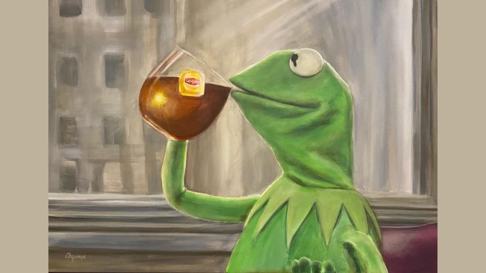 An illustration of Kermit the Frog sipping tea