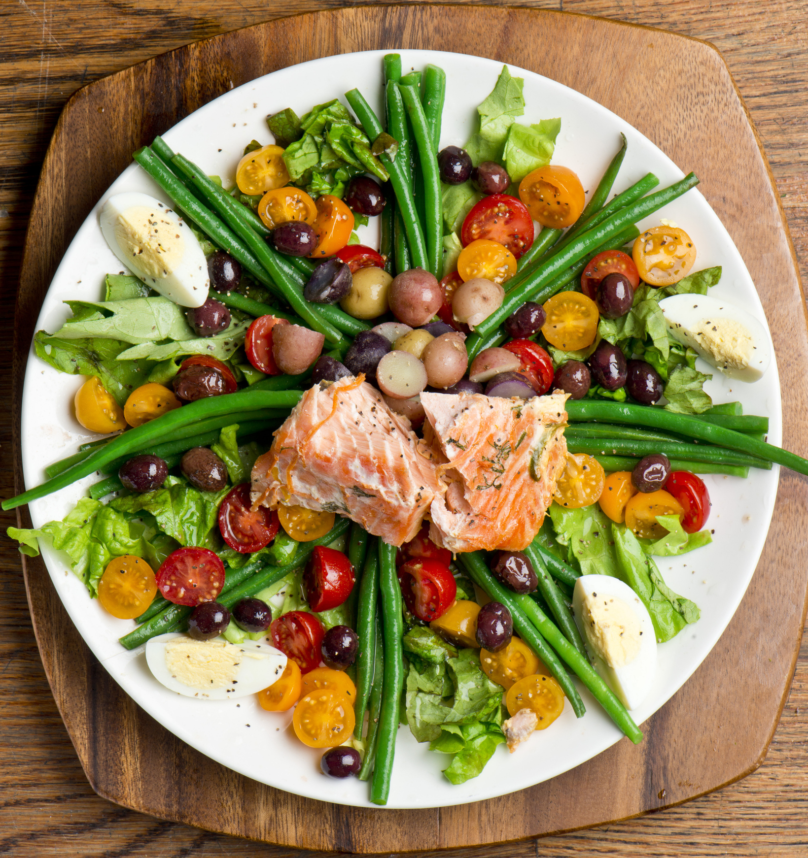 Niçoise Salad With Salmon on a White Plate