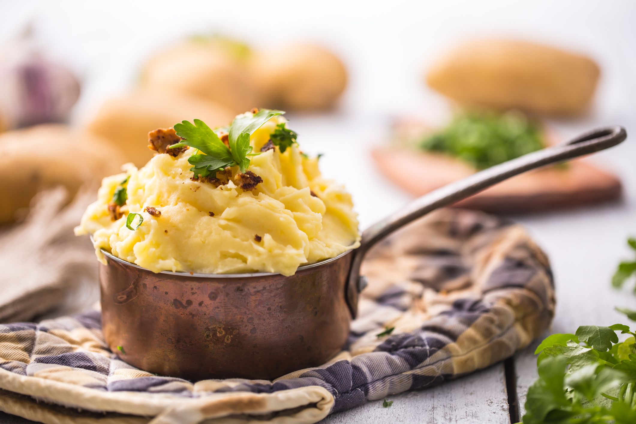 Saffron Mashed Potatoes in an Old Tiny Pan, Selective Focus