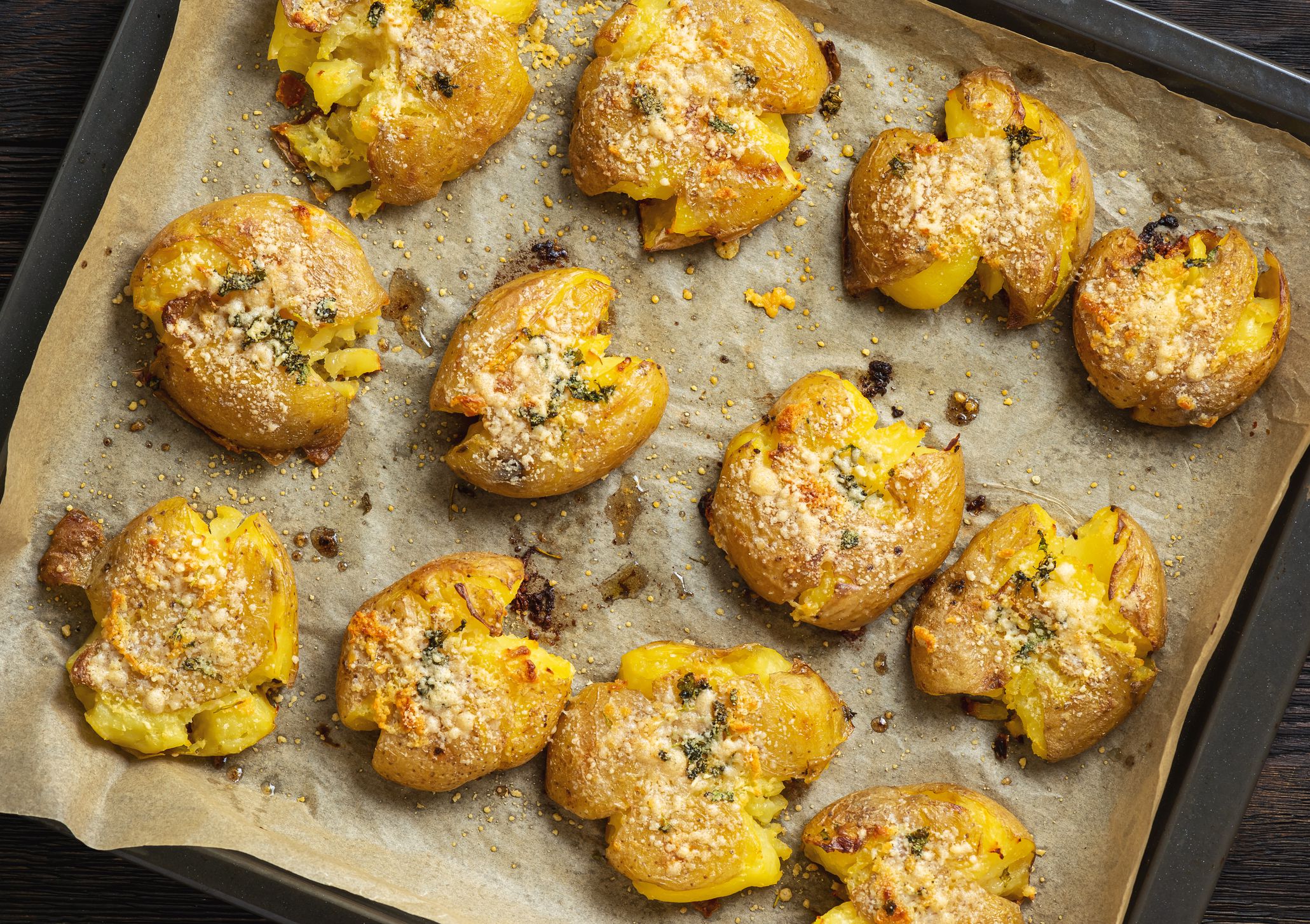 Smashed Potatoes on a Baking Pan