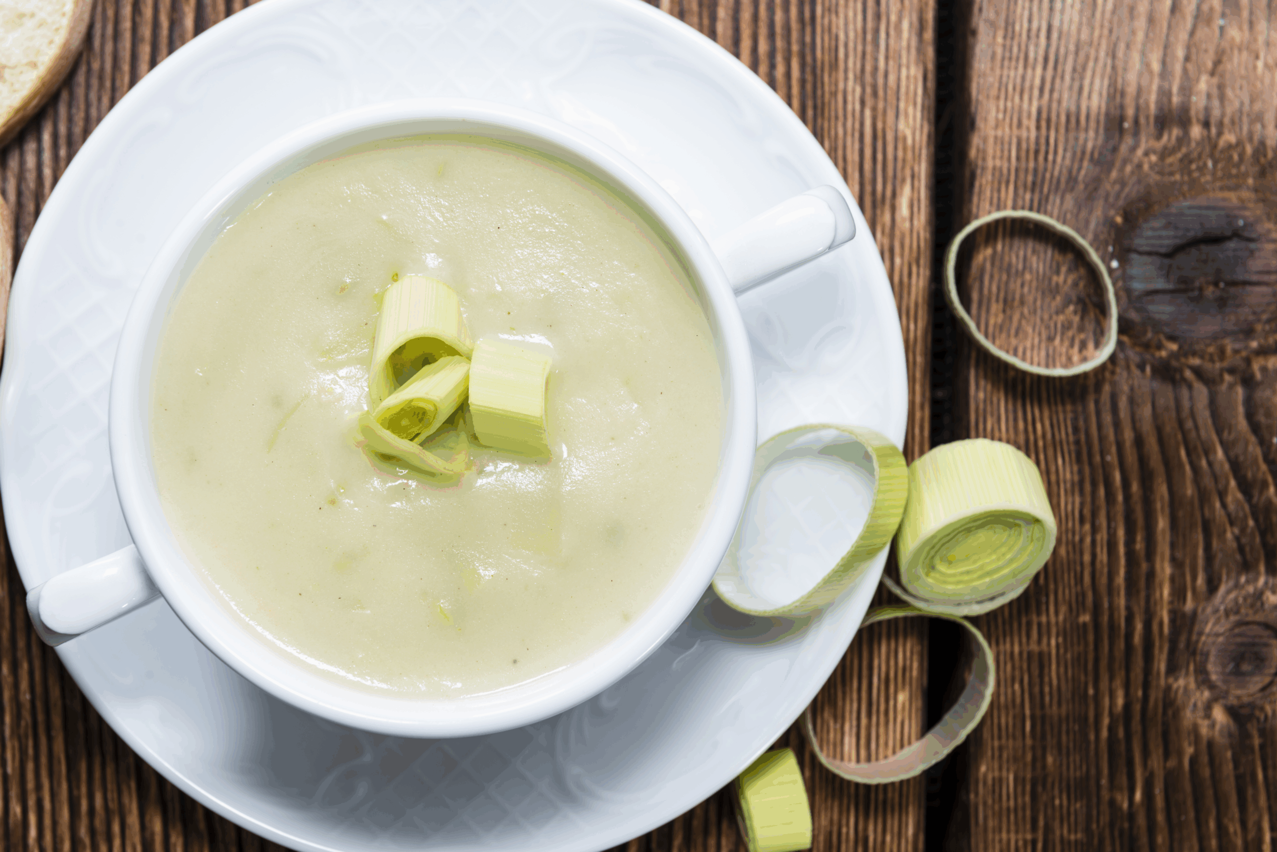 Top-View of Potato Leek Soup in a White Large Cup