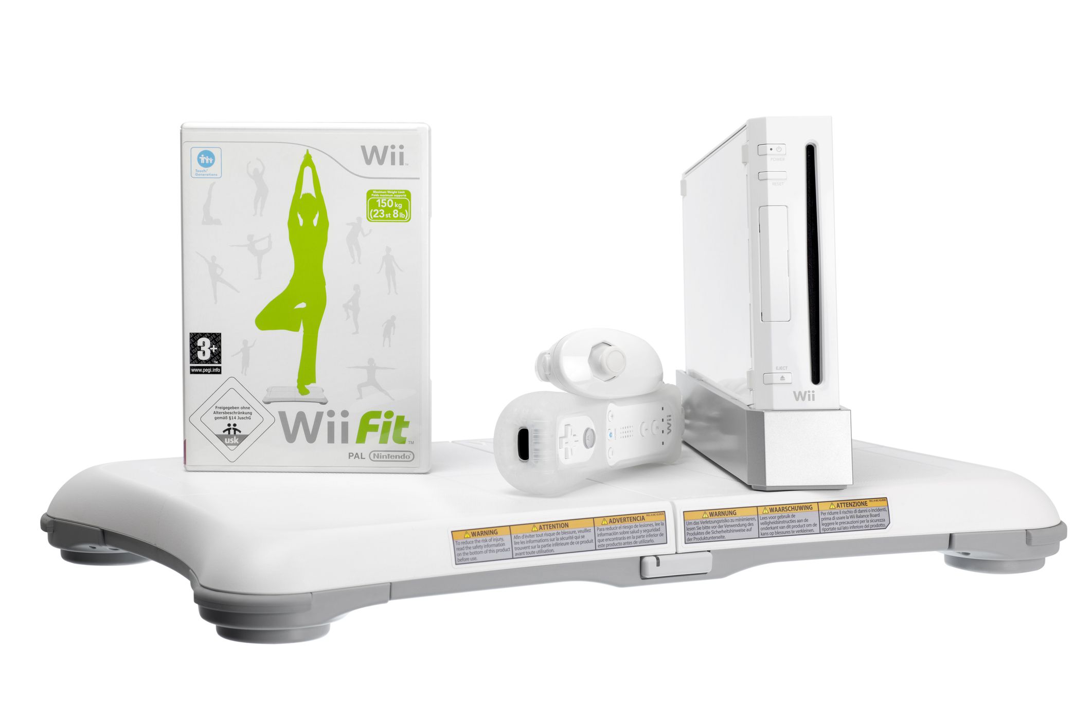 Bucharest,Romania - 18 april 2011. A studio shot of the Nintendo Wii video game console with the nunchuk, remote controller, balance board and Wii Fit CD