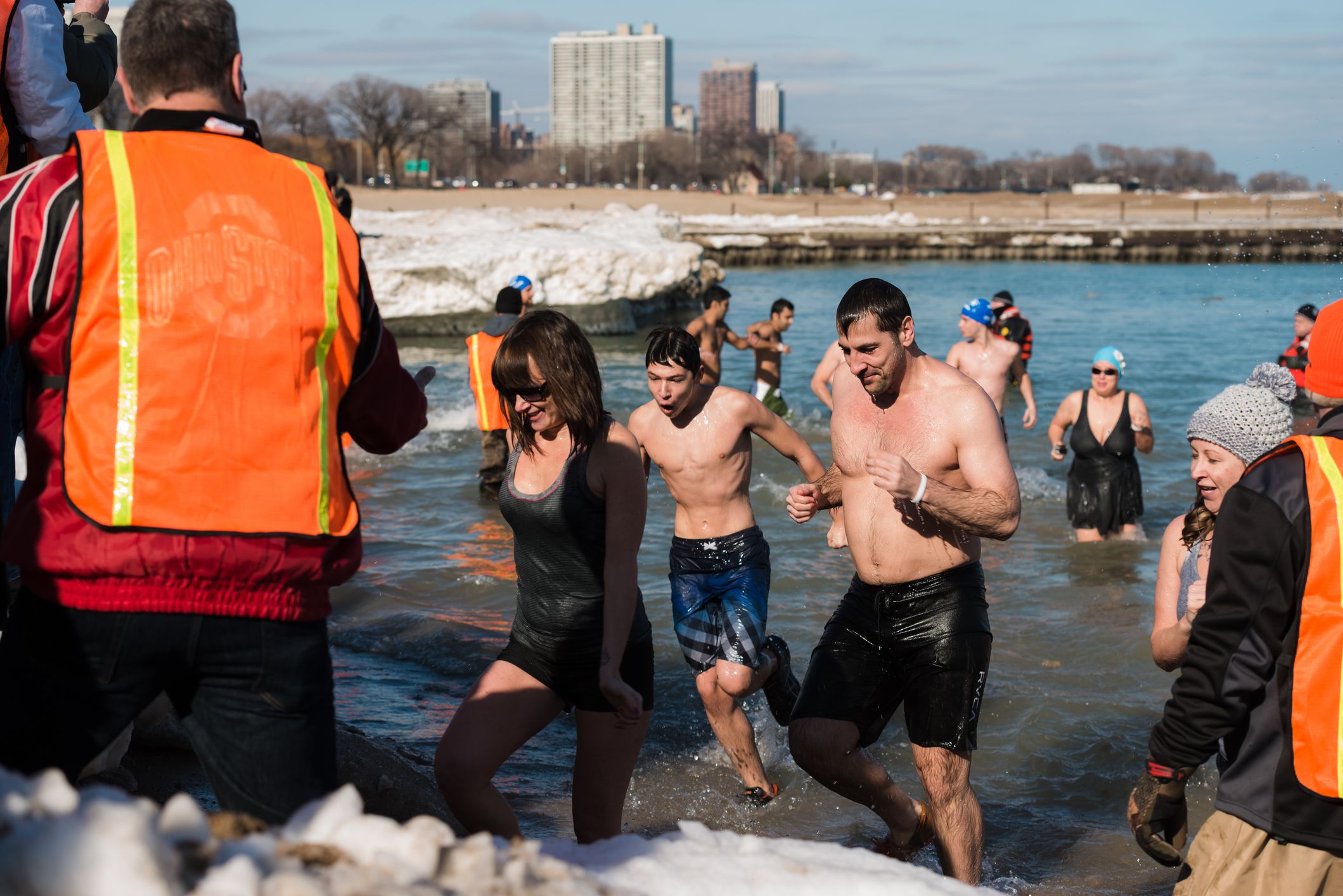 Chicago, USA - January 24, 2015: People late in the day during the Lake view Polar Bear Club Polar Plunge event at North Avenue beach on Lake Michigan for their 2015 fundraising.