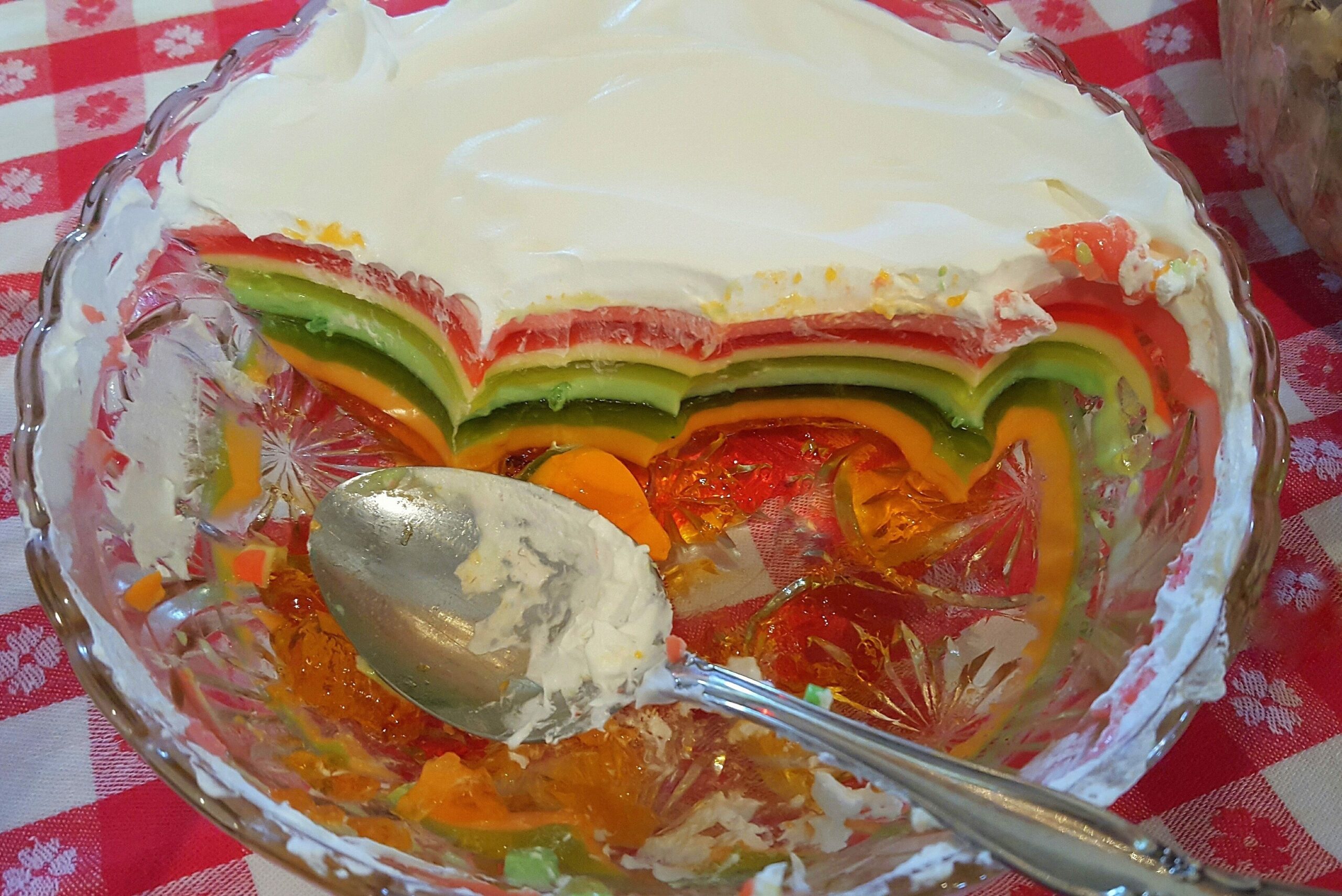 Seems like Jell-O gelatin always makes an appearance in some form at many Iowa farm meals, from picnics to church suppers to family reunions. This layered Jell-o salad is especially fancy.