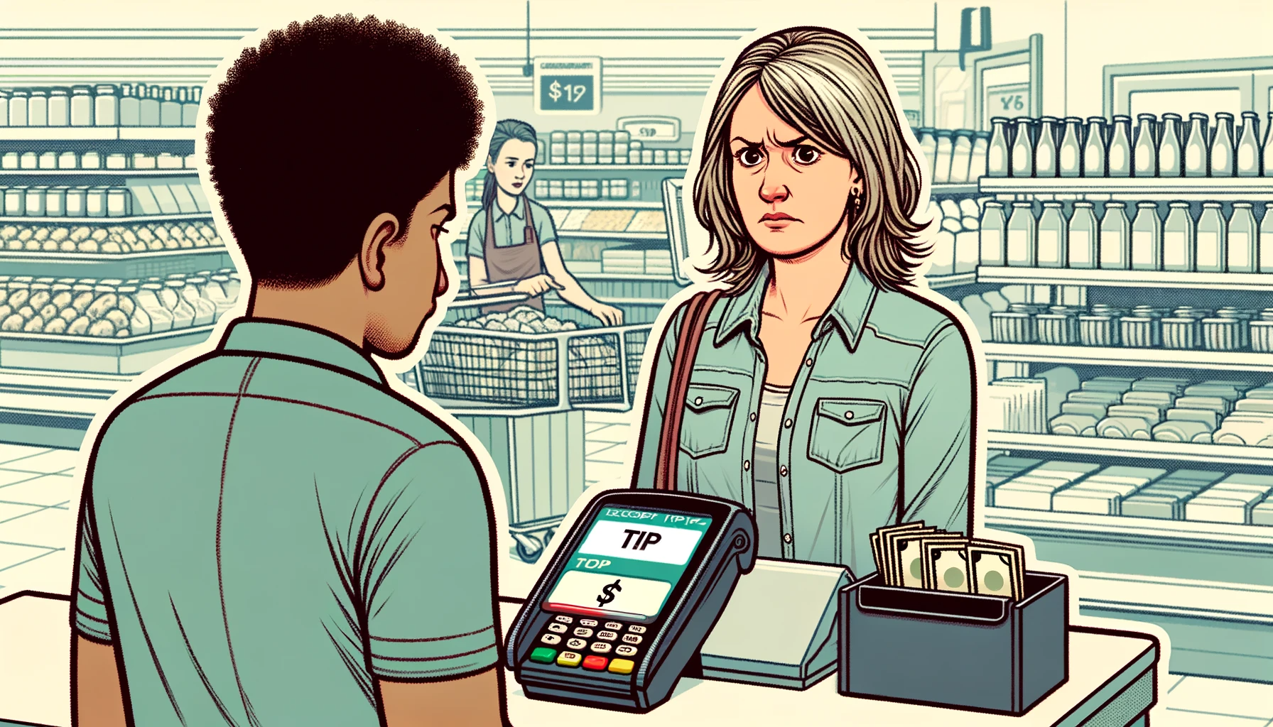 Woman looking frustrated for having to tip at the grocery store